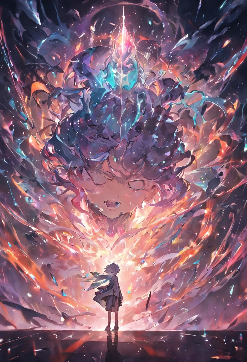 (((The light of fantasy is brilliant+Phantom disillusionment:1.1) Crystal body),(Dark swirling winding),(The hood floats lightly:1.2),(Chains surround the body),(Neon flashing),(Fantastic monsters appear in black holes),(Picture flow),(The mirror lines reflect each other))+High score for picture quality,Best results,hyper-high detail,Super high detail CG fantasy illustration,Beautiful and sophisticated,超高分辨率, Beautiful angle,Mysterious atmosphere,Shining eyes,There are countless water droplets in detail,Magic clouds,Wide picture,Unreal ink style。