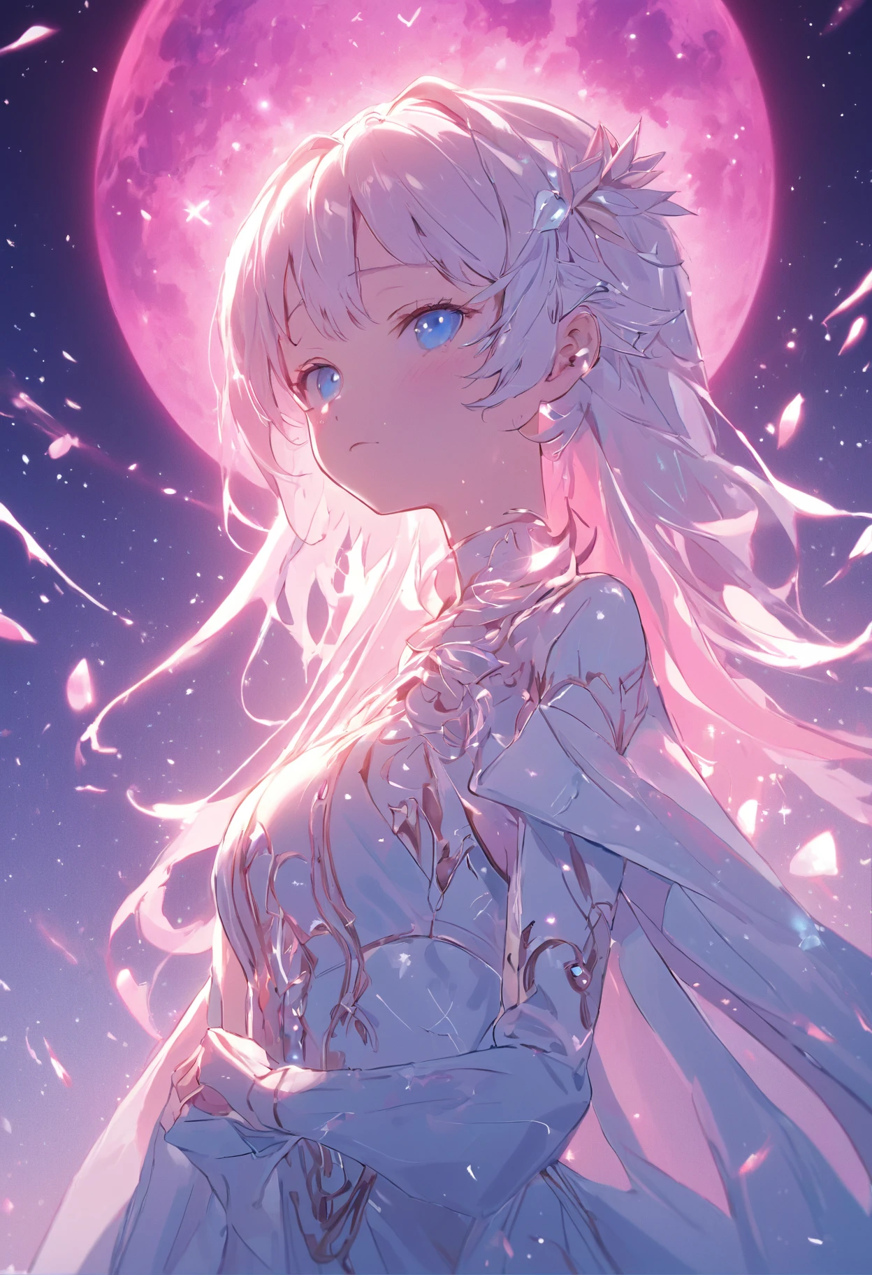 The beautiful body of the white goddess with humanoid blue eyes is very attractive at the age of flowers,Fantastic pink sky with stars,Beautifully designed,Clear lines,High sharpness,Best quality,The is very detailed,Cinematic lighting effects,4K,Soft lighting, Detailed face, Perfect face, anime big breast, concept-art, masterpiece of intricate artwork, fashion magazine, Story, fantasy,royal, crown, Princess, queen, Perfect woman