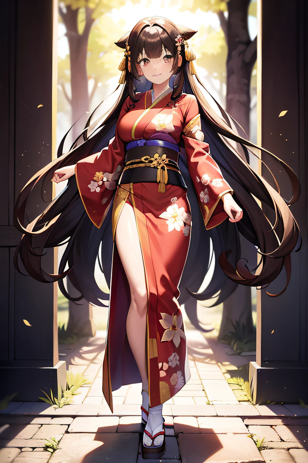 Brown hair, long hair, solo, forest, standing, full body view, kimono, large breasts, stern face. brown eyes, looking at viewer, :|,