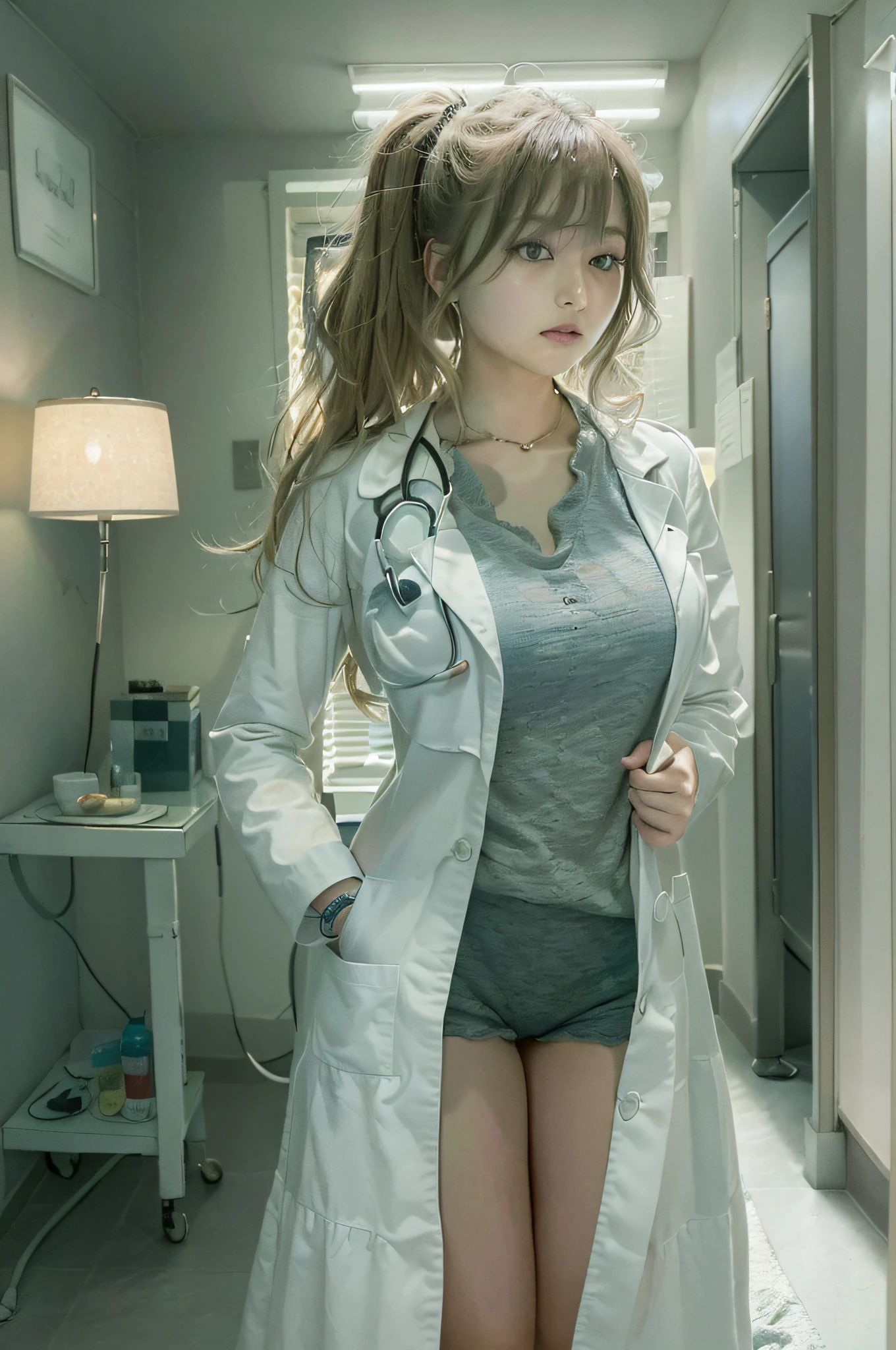 Photorealistic beautiful doctor、stunningly beautiful、doctors white coat, Doctor Fashion、(top-quality、8K、32K、masterpiece、nffsw:1.3)、超A high resolution,(Photorealsitic:1.4),Raw photography, Detailed face,,Beautiful hair, ((Doctor Style)), , tight skirts、 Natural makeup, Breast cleavage, large full breasts、inside hospital, Detailed background, Perfect Lighting, depth of fields, Beautiful shadow gradient,stethoscope ,