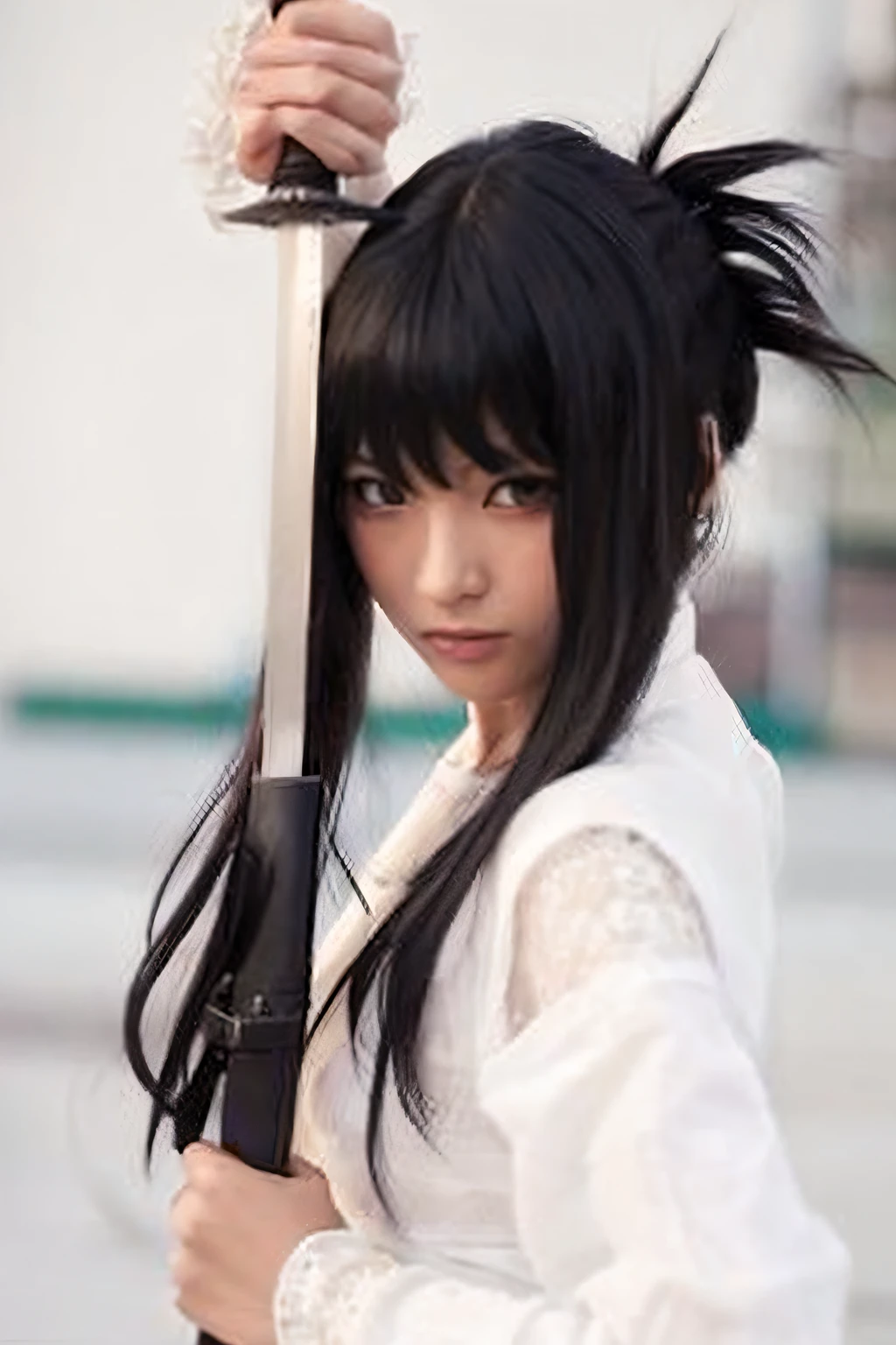 Alafed woman with sword in hand posing for photo, black hime-cut hair, white hime cut hairstyle, Anime girl cosplay, with long black hair, real life anime girl, sui ishida with black hair, black hair and white bangs, Anime Cosplay, long black hair with bangs, inspired by Jin Homura, She has black hair with bangs