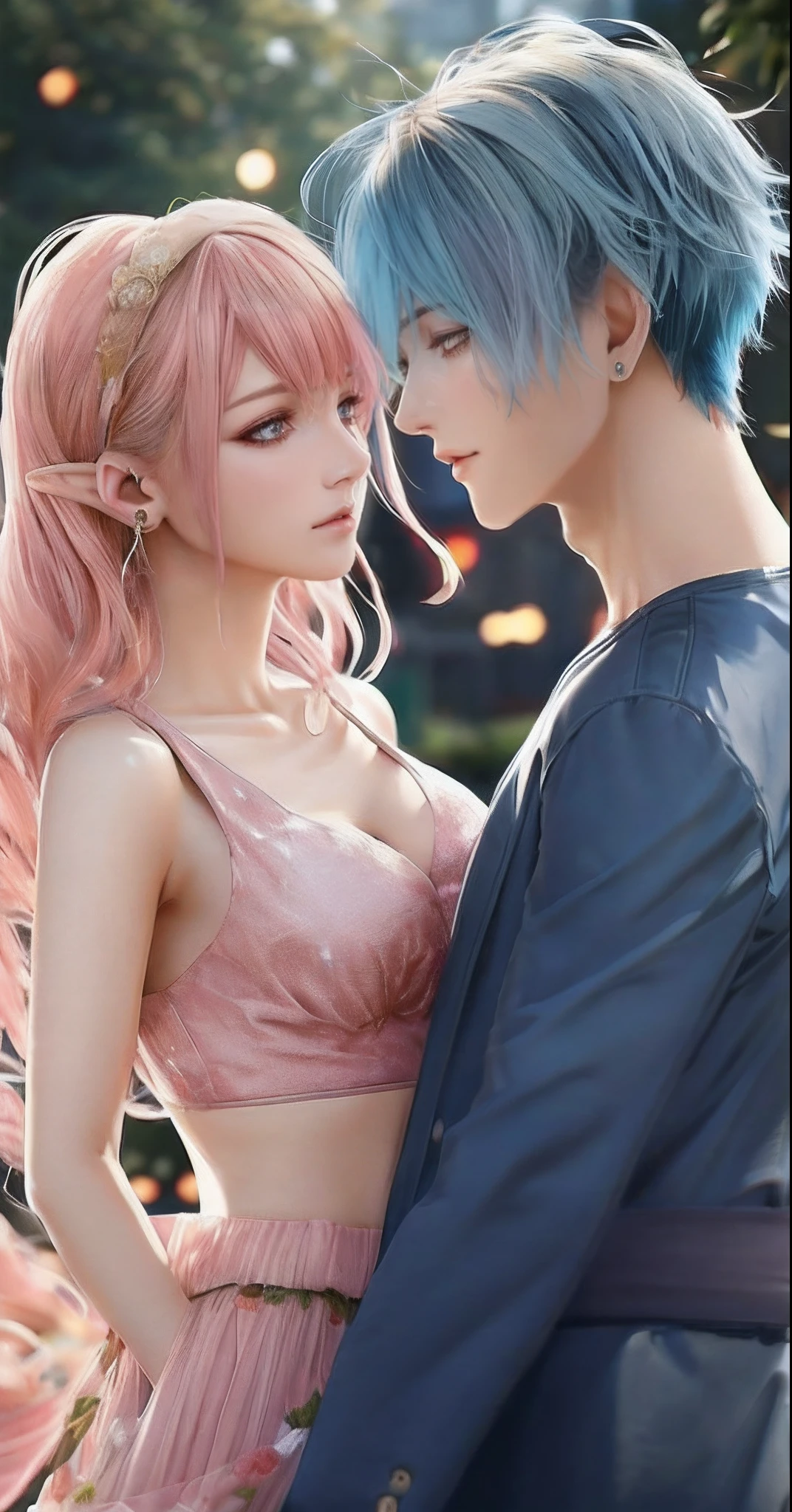 Male and female couples, Idol Photos, Photos of actors, Professional Photos, extra detailed face, detailed punk hair, very detailed character, inspired by Sim Sa-jeong, single realistic face, Cai Xukun's, detailed realistic faces, highly detailed realistic face, high detailed face anime, realistic detailed face, Accurate detailed face, attractive androgynous humanoid, Black Casual Idol Costume, ((Man with light blue hair)), ((Woman with pink hair)), ((Woman with long hair below waist)), ((Man with short hair over ears)), Sleepy look with a gentle expression, high-level image quality, masterpiece, Photographed so that the whole body can be seen, Photographed to make clothes look beautiful, Take your eyes off, ((two individuals))