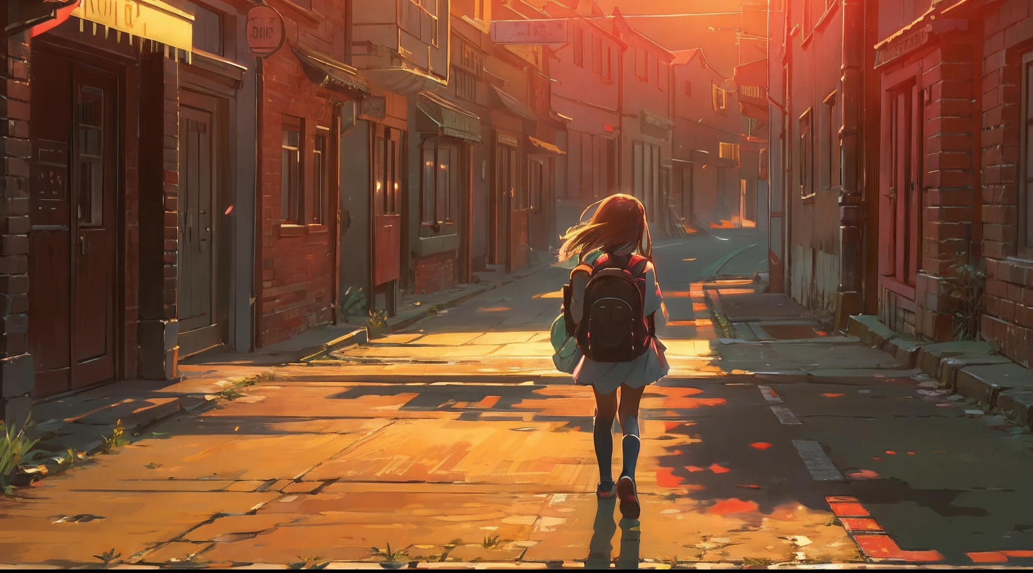 Emily, Shy teenage girl, Walking alone from school late in the day. Photograph: A little girl with a backpack walks down a deserted street, The setting sun casts a long shadow behind it.