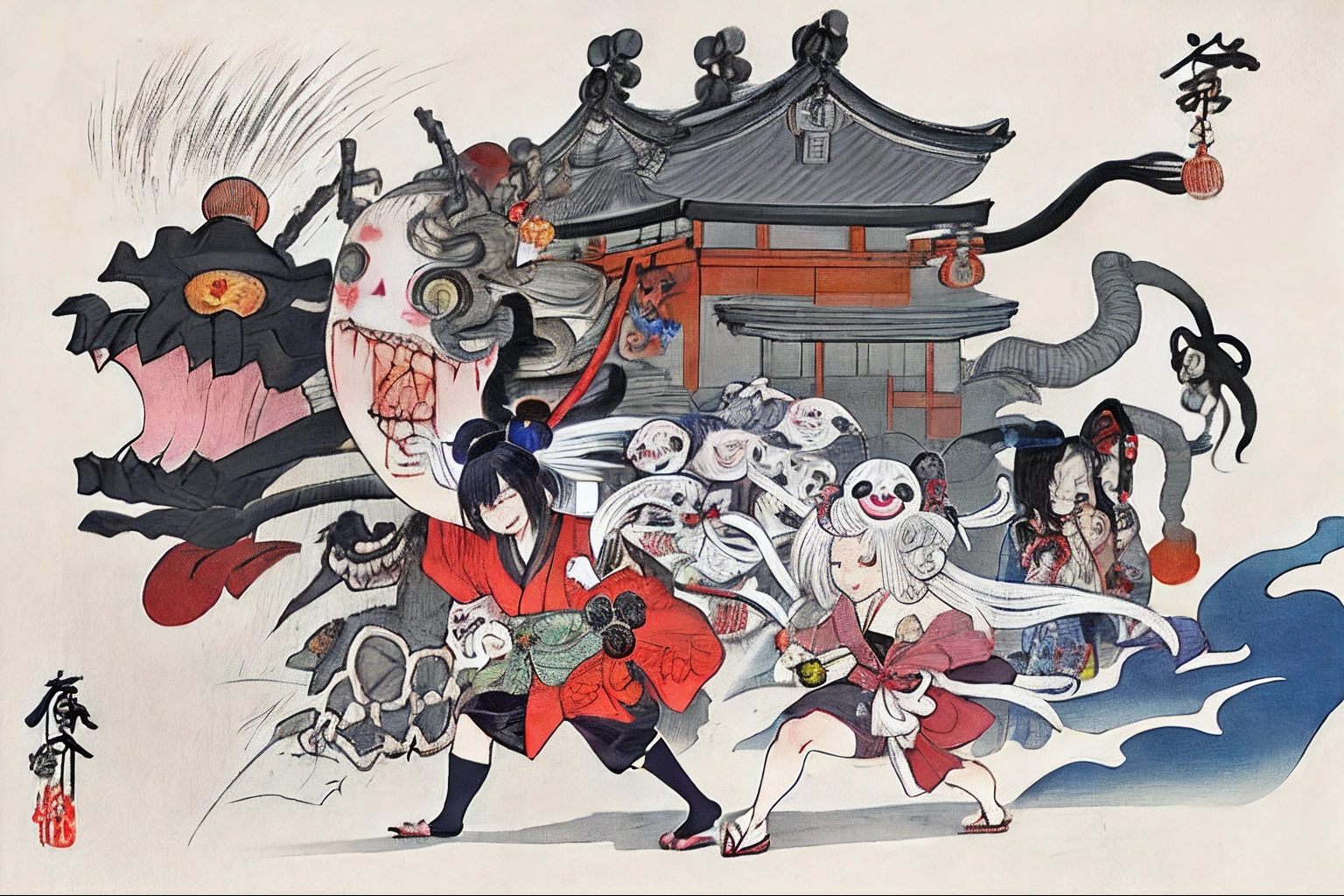 best quality, style of Hokusai, ukiyo-e, Hyakki Yagyō, japanese old monster's parade,
Chōchin-oiwa, Kidōmaru, Nekomata, Tsuchigumo, akaname, Chōchinobake, Daidarabotchi, Futakuchi-onna, Gaki, Gashadokuro, Gyūki, Hitodama, Hitotsume-kozō, Hitotsume-nyūdō, Hone-onna, Ittan-momen Kappa, Kasa-obake, Kasha, Mokumokuren, Nurikabe, Oboroguruma, Oiwa, Oni, Rokurokubi, Kamaitachi, Taka-onna, Sunakake-baba, Umibōzu, Umi-nyōbō, Wanyūdō, Yamajijii, Yama-uba, Yuki-onna, Zashiki-warashi, noppera-bō