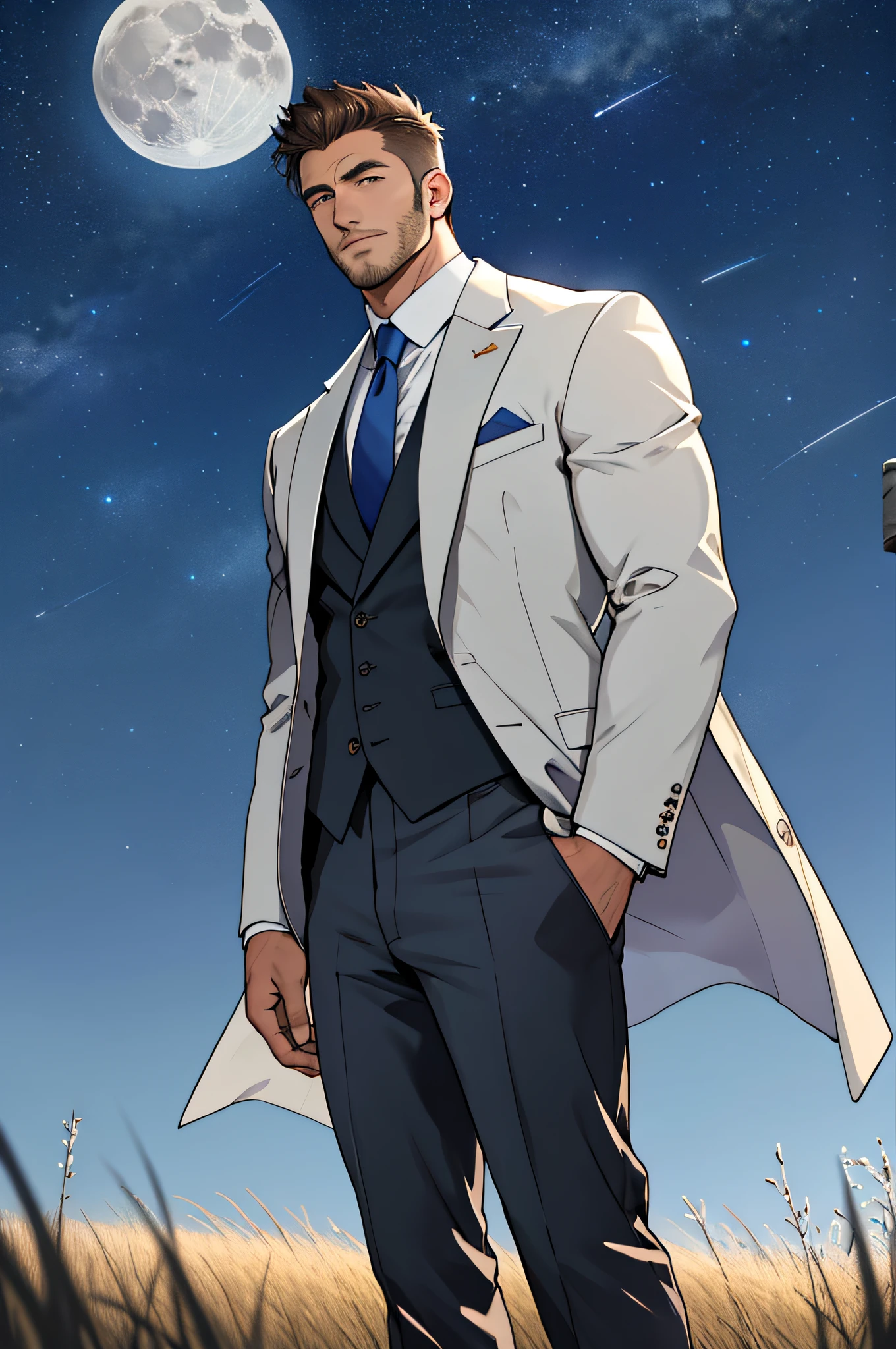 Draw a full-fledged footballer,Standing on the steppe at night,Quiet and comfortable background,He wears the same suit as the country's president,The suit fits perfectly,Handsome face,eyes with brightness,The man looks confident and determined,looking-down,Crew cut,full bodyesbian,Stars dot the sky,shooting from below,Big moon highlights background