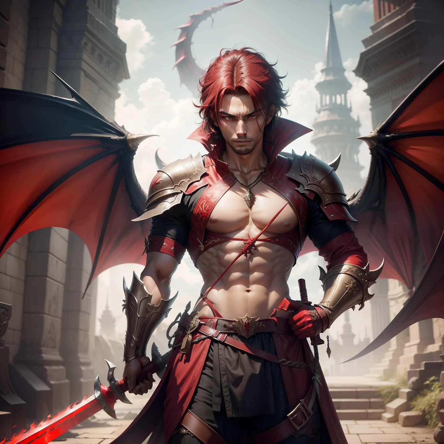 demon boy, with blue eyes, red hair color, Her skin is like volcanic magman, wearing a long trench coat and a mail breastplate, On his back he carries a sword, Their giants have iron beaks, and on his head a crown that worthy of being the supreme king