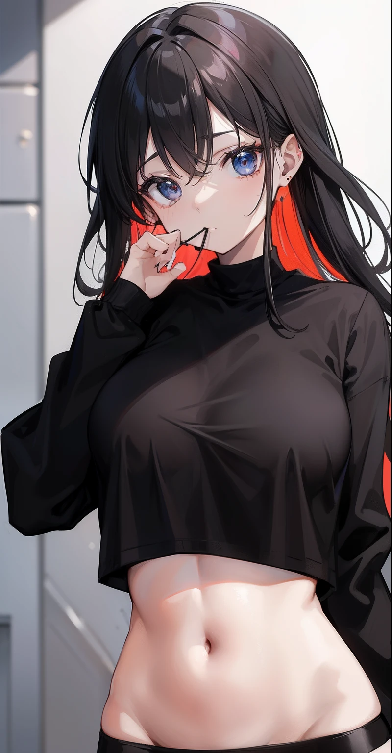 ((masterpiece, best quality)), 8k, akira v4, 1 girl, mouth hold, (black shirt: 1.1), black hair, navel, white bra,