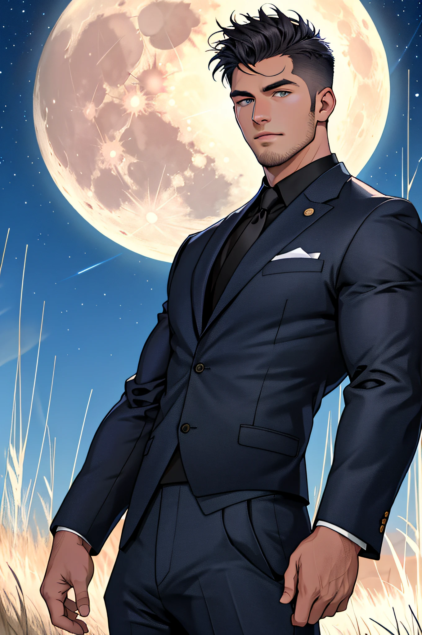 Draw a full-fledged footballer,Standing on the steppe at night,Quiet and comfortable background,He wears the same suit as the country's president,The suit fits perfectly,Handsome face,eyes with brightness,The man looks confident and determined,looking-down,Crew cut,full bodyesbian,Stars dot the sky,shooting from below,Big moon highlights background
