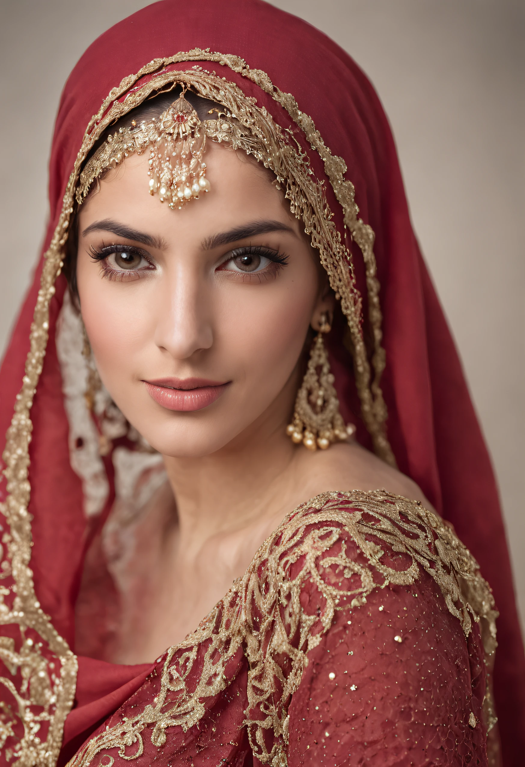arafed woman in a red and gold shawl and a red dress, middle eastern skin, beautiful arab woman, young middle eastern woman, beautiful iranian woman, arabian beauty, middle eastern, mid shot portrait, detailed face of an arabic woman, 7 0 mm portrait, portrait shot, close - up portrait shot, close up portrait shot, photo of a beautiful woman