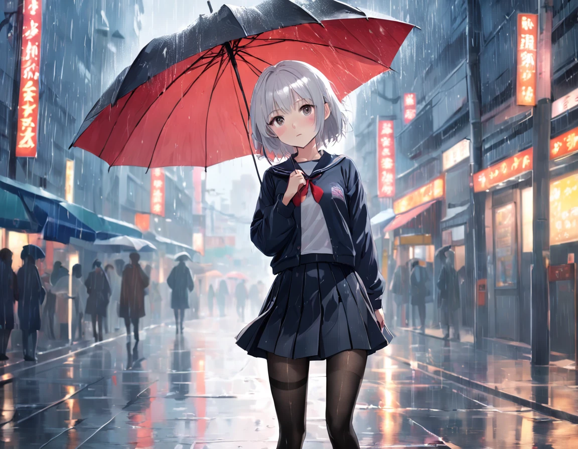 18 years old girl black pantyhose blush rainy day white hair JK skirt