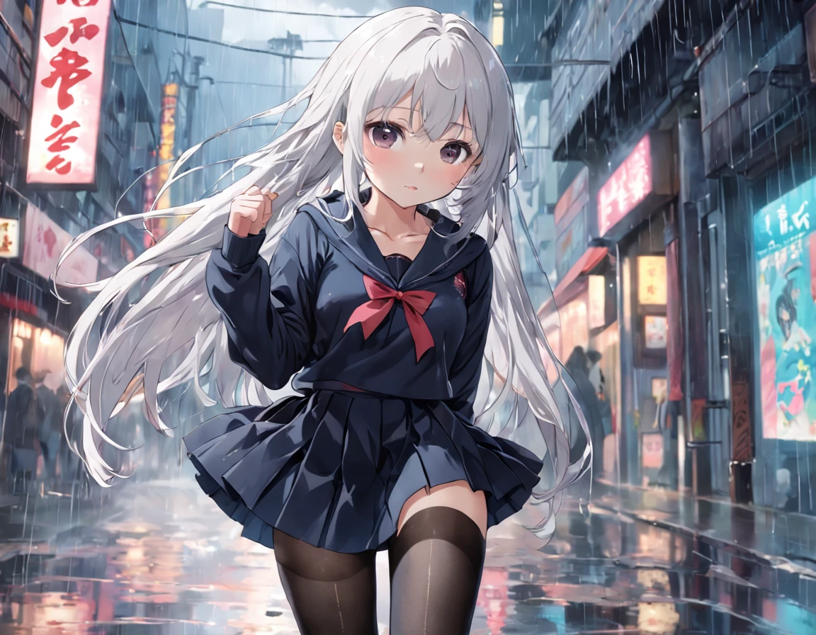 18 years old girl black pantyhose blush rainy day white hair JK skirt
