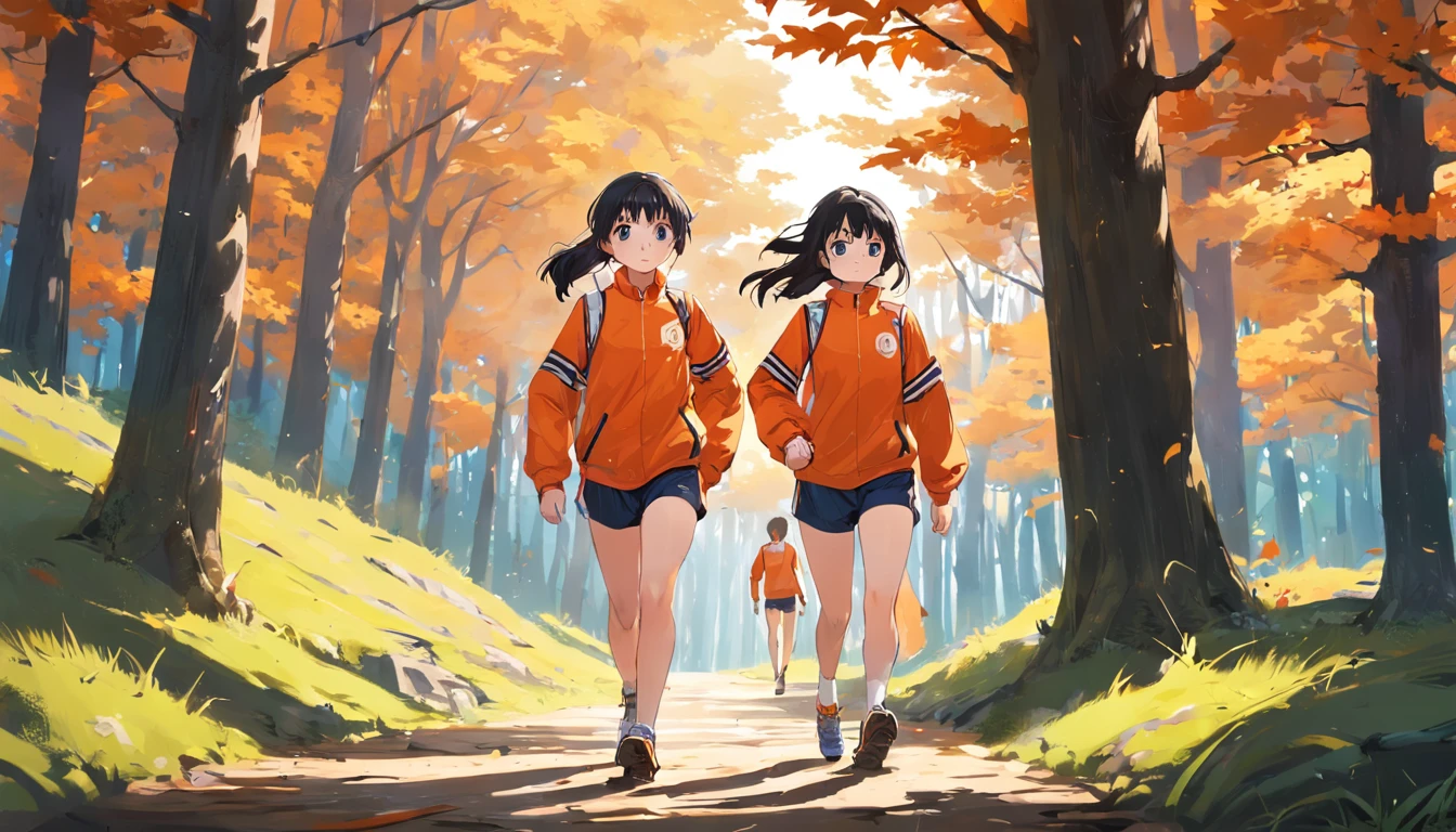 A university's orienteering team has four boys and four girls,They wore orange training clothes,short blouse,Cropped pants,They run against the wind in the forest,Two 50-year-old coaches watched silently from behind