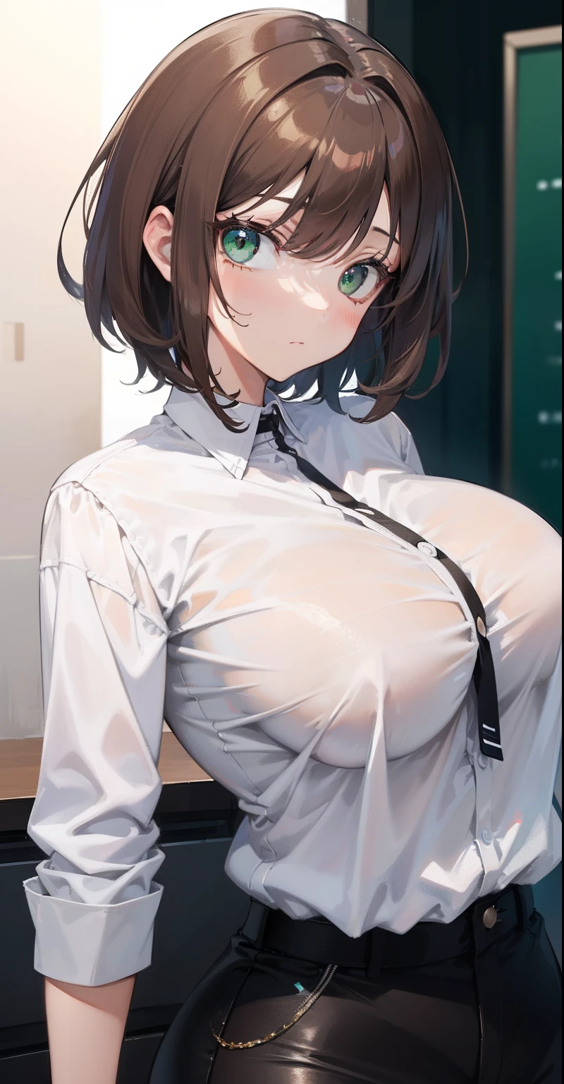 1 female, MILF, green eyes, short brown hair, wears white shirt, big breasts, mature, center view, high res, ultra sharp, 8k, master piece