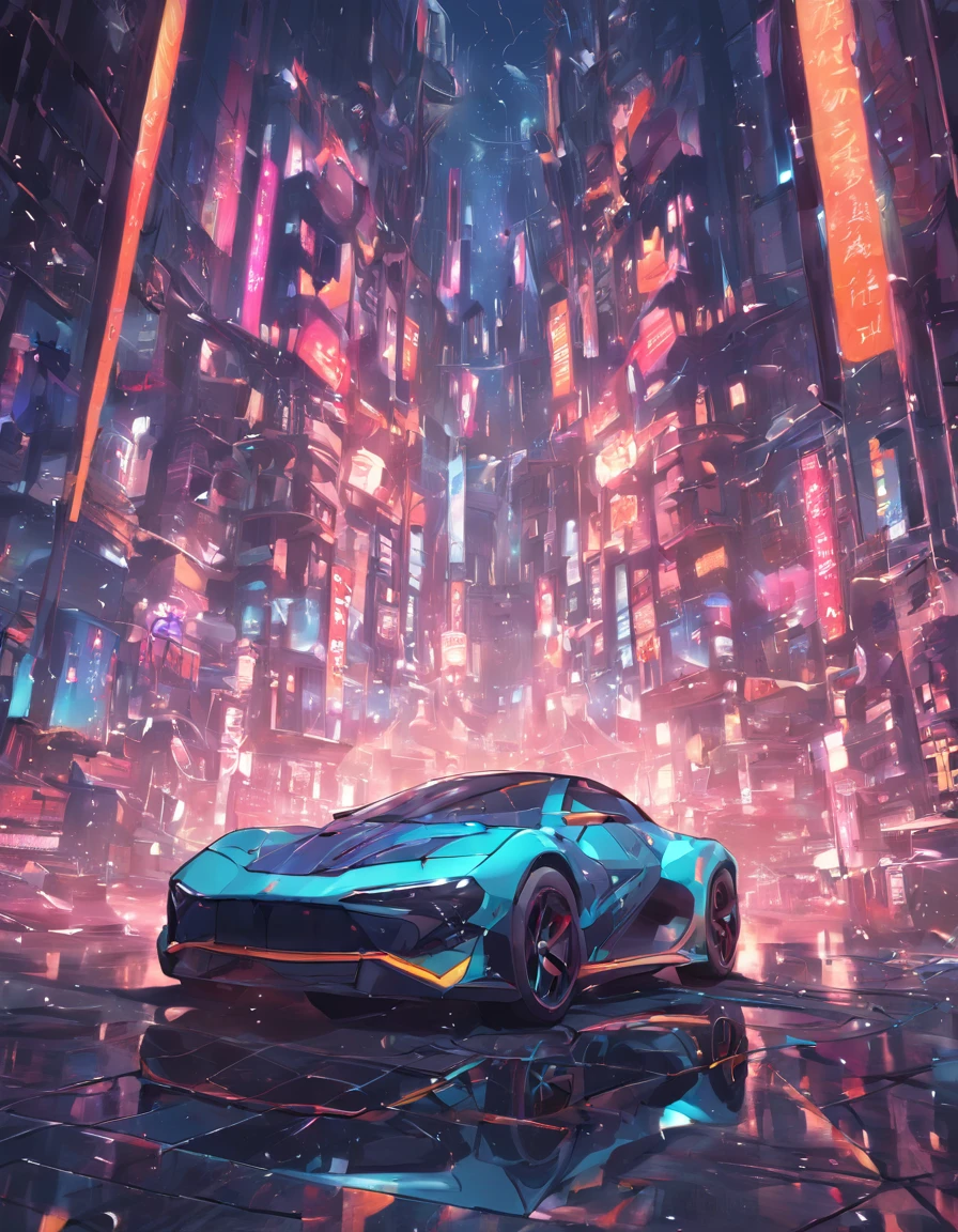 There is a car,Depicted as a 3D rendering,CG art,photorender,charging through city,Alternately angled rendering