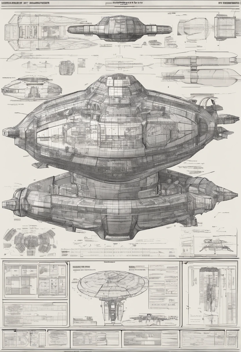 highly detailed precision blueprints of a military grade starship, used for construction in a 3d modeler