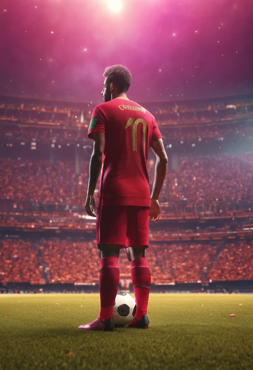 a soccer player with the shirt of the Brazilian national team in a soccer match on Planet Mars, gravidade reduzida, realistic cinematic 4K