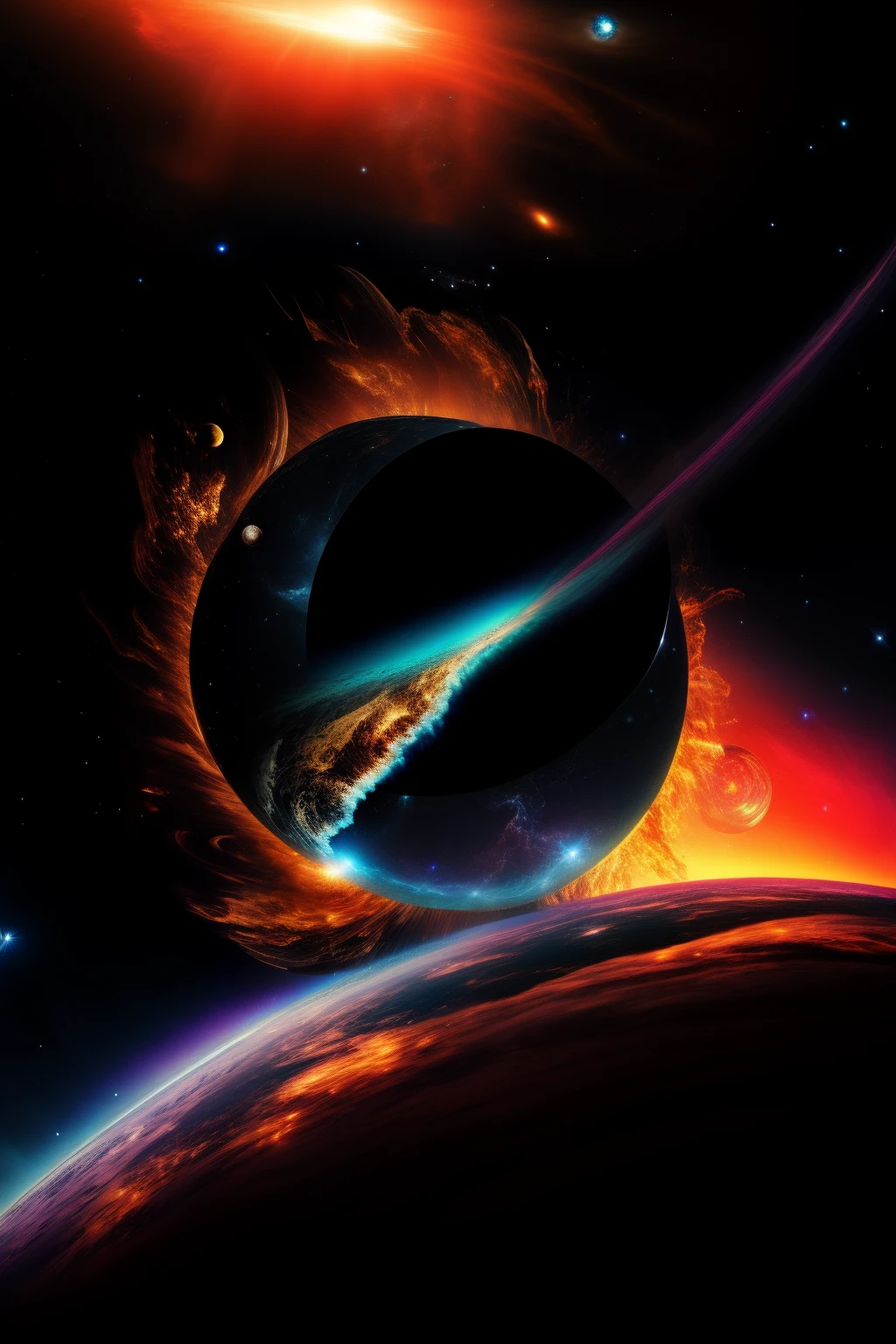 Close-up of black hole in the sky with stars in the background, Exploding planet in the background, Two planets colliding, Black hole with accretion distribution, Collision of planets, Black holes in space, A black hole towering over a city, Apocalyptic spherical explosion, Abstract black hole in space, Exploding planet Earth, Surreal nuclear eclipse blast