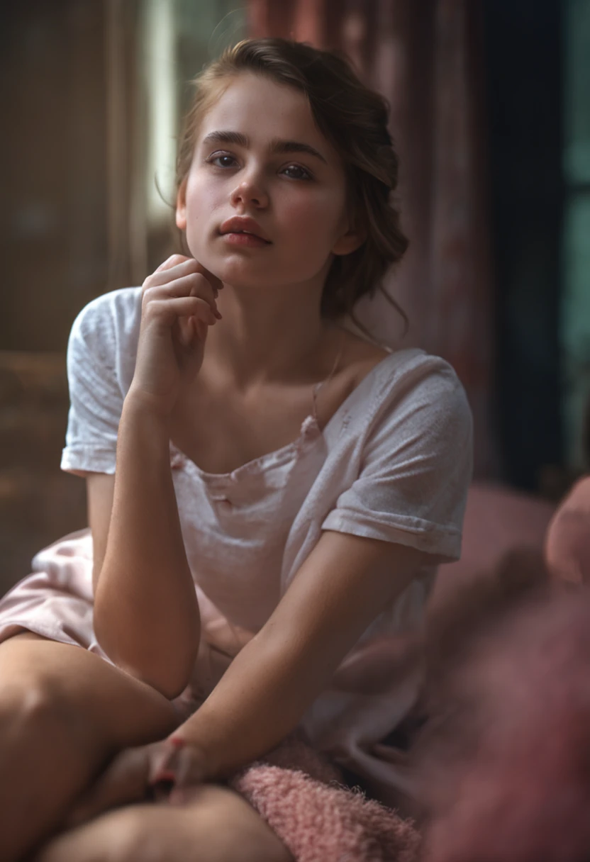 Portrait of a cute 18 year old girl and a perfect girl, Beautiful face, Russian, In panties, in bed, beautiful bust (Dark private study, Dark, Atmospheric light: 1.2) Open legs