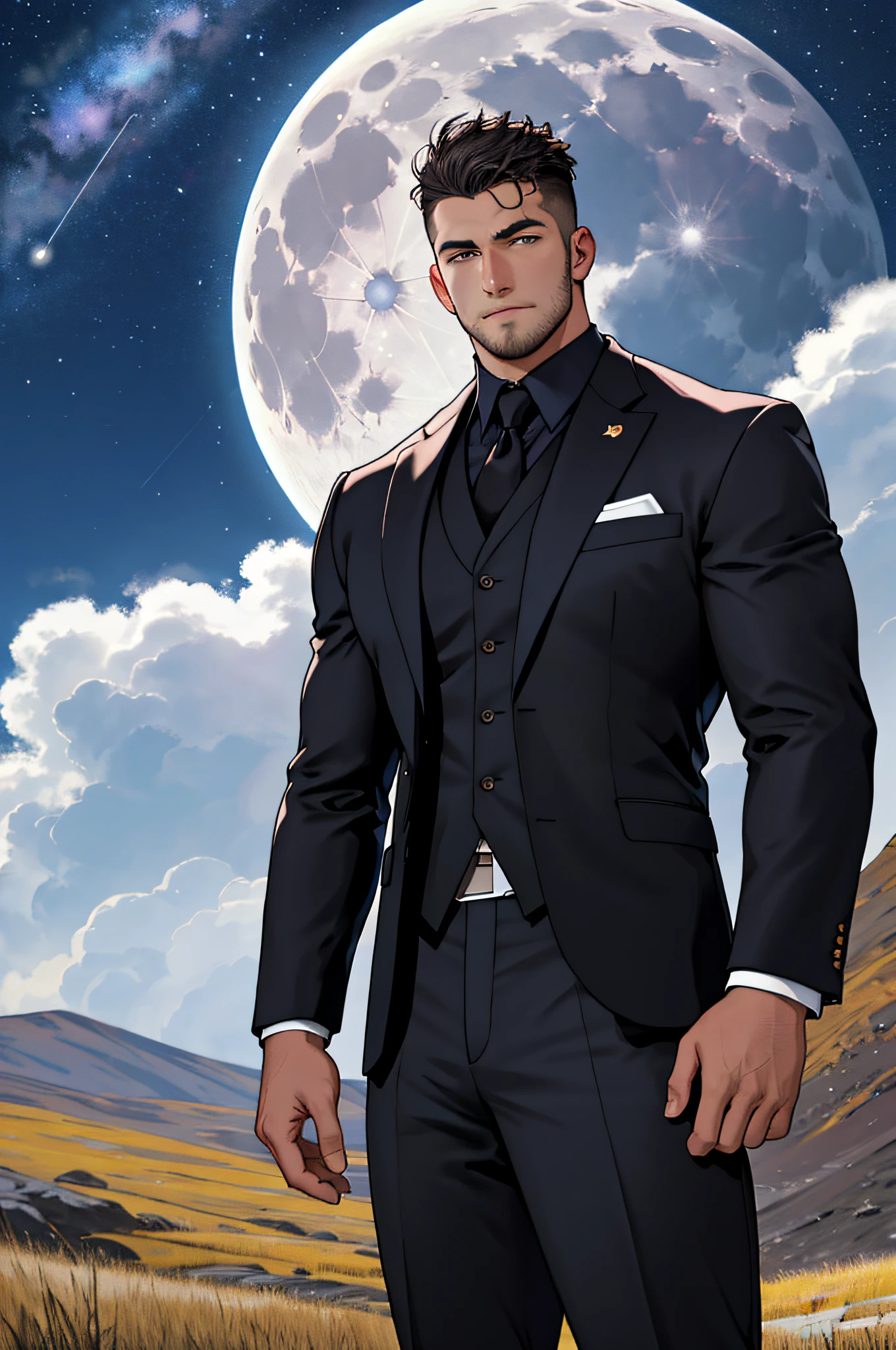 Draw a full-fledged footballer,Standing on the steppe at night,Quiet and comfortable background,He wears the same suit as the country's president,The suit fits perfectly,Handsome face,eyes with brightness,The man looks confident and determined,looking-down,Crew cut,full bodyesbian,Stars dot the sky,shooting from below,Big moon highlights background
