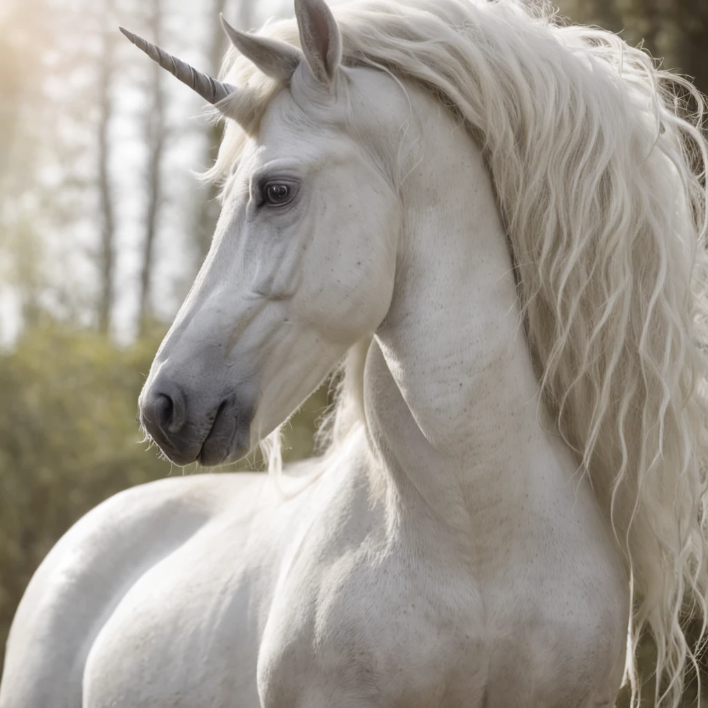 En el centro de este mundo encantado, un majestuoso unicornio de aspecto realista se erige con gracia. Su pelaje es suave y reluciente, Each strand of horsehair seems to move smoothly in the breeze. His deep, wisdom-filled eyes reflect the magic around him. The unicorn is in a corner of peace and serenity, as the guardian of this dream realm.