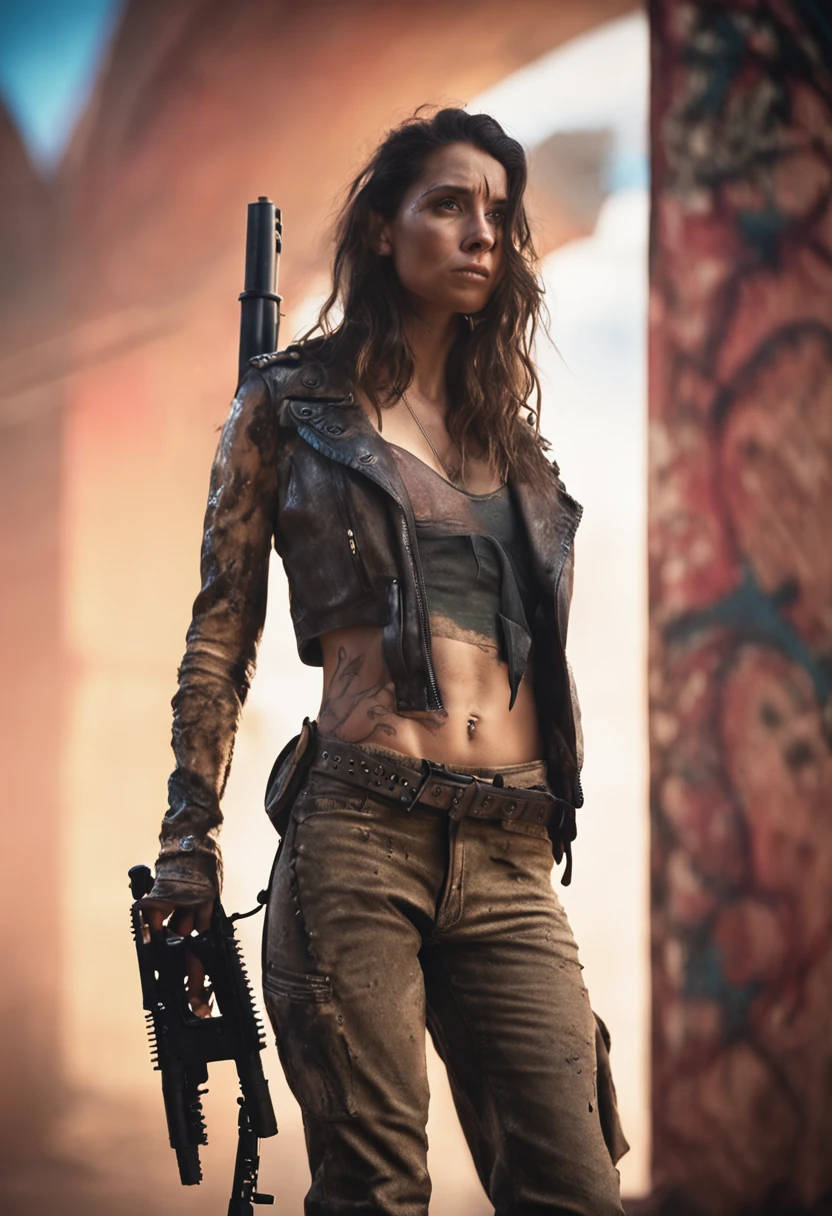 Mad Max Woman, photographrealistic, Postapocalypse、rifle、teats、Young woman、Lots of skin