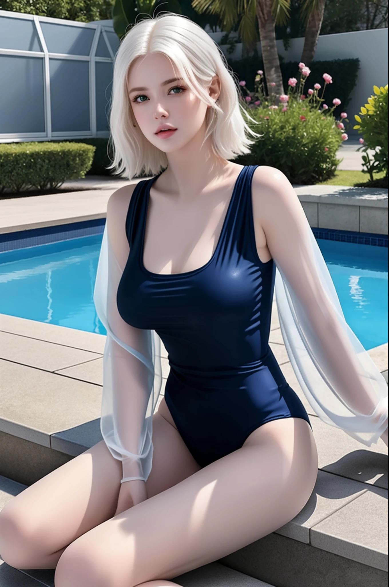 (hyperrealistic), (illustration), (high resolution), (8K), (extremely detailed), (best illustration), (beautiful detailed eyes), (best quality), (ultra-detailed), (masterpiece), (wallpaper), (photorealistic), (natural light), (rim lighting), (detailed face), high detailed realistic skin texture, anatomically correct, solo, 1girl, (high detailed realistic short hair), (white hair:1.3), (heterochromic eyes), (detailed green eyes), (small moles under the eyes), (realistic :1.3), (cleavage), ( shoulders), (long legs), (tight abs), (dynamic pose), (closed lips:1.3), (sheer navy swimsuit:1.25), (see-through transparent swimsuit:1.25), (full body), (sitting beside swimming pool),