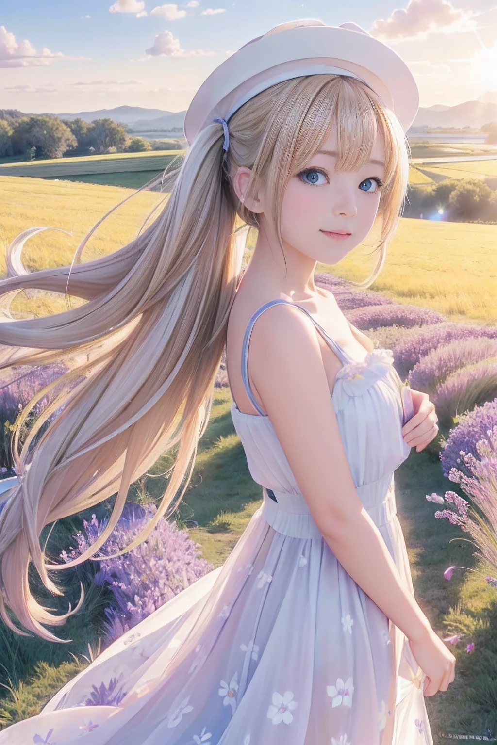 (8k, RAW photo, realistic, photo-realistic:1.5), masterpiece, best quality, high resolution, extremely detailed, detailed background, cinematic lighting, dynamic angle, lens flare, dramatic, 1girl, cute girl, solo, wind, pale-blonde hair, blue eyes, very long twintails, white hat, blue sky, laugh, flying petal, flowery field, sky, lavender, sun, field, fractal art,naked