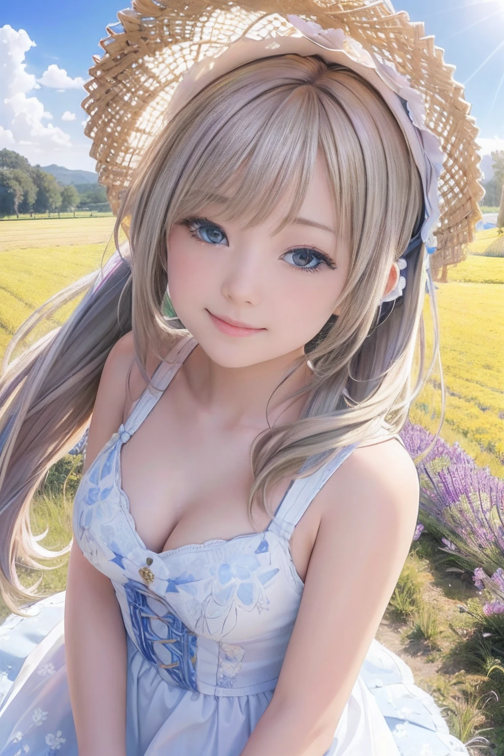 (8k, RAW photo, realistic, photo-realistic:1.5), masterpiece, best quality, high resolution, extremely detailed, detailed background, cinematic lighting, dynamic angle, lens flare, dramatic, 1girl, cute girl, solo, wind, pale-blonde hair, blue eyes, very long twintails, white hat, blue sky, laugh, flying petal, flowery field, sky, lavender, sun, field, fractal art,naked