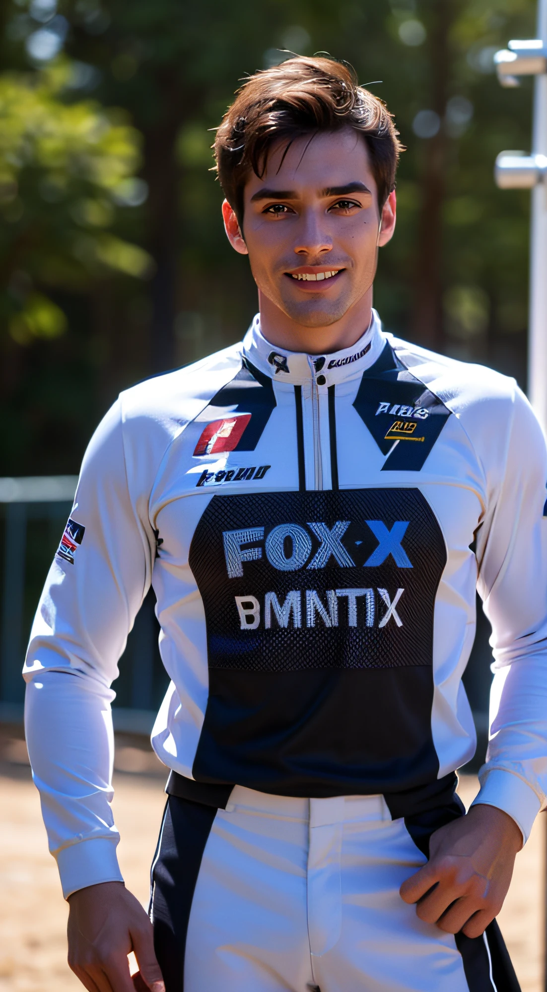 (un hombre, LOÏC BRUNI, 35 years old., French mountain biking competitor, Posa de frente y relajado, alegre, sonriente. Traje ultra detallado, texturas, desgaste. Piel ultra detallada realista, natural lighting, luz natural, el traje es de Fox racing. El fondo es una pista de BMX, desenfocado el fondo