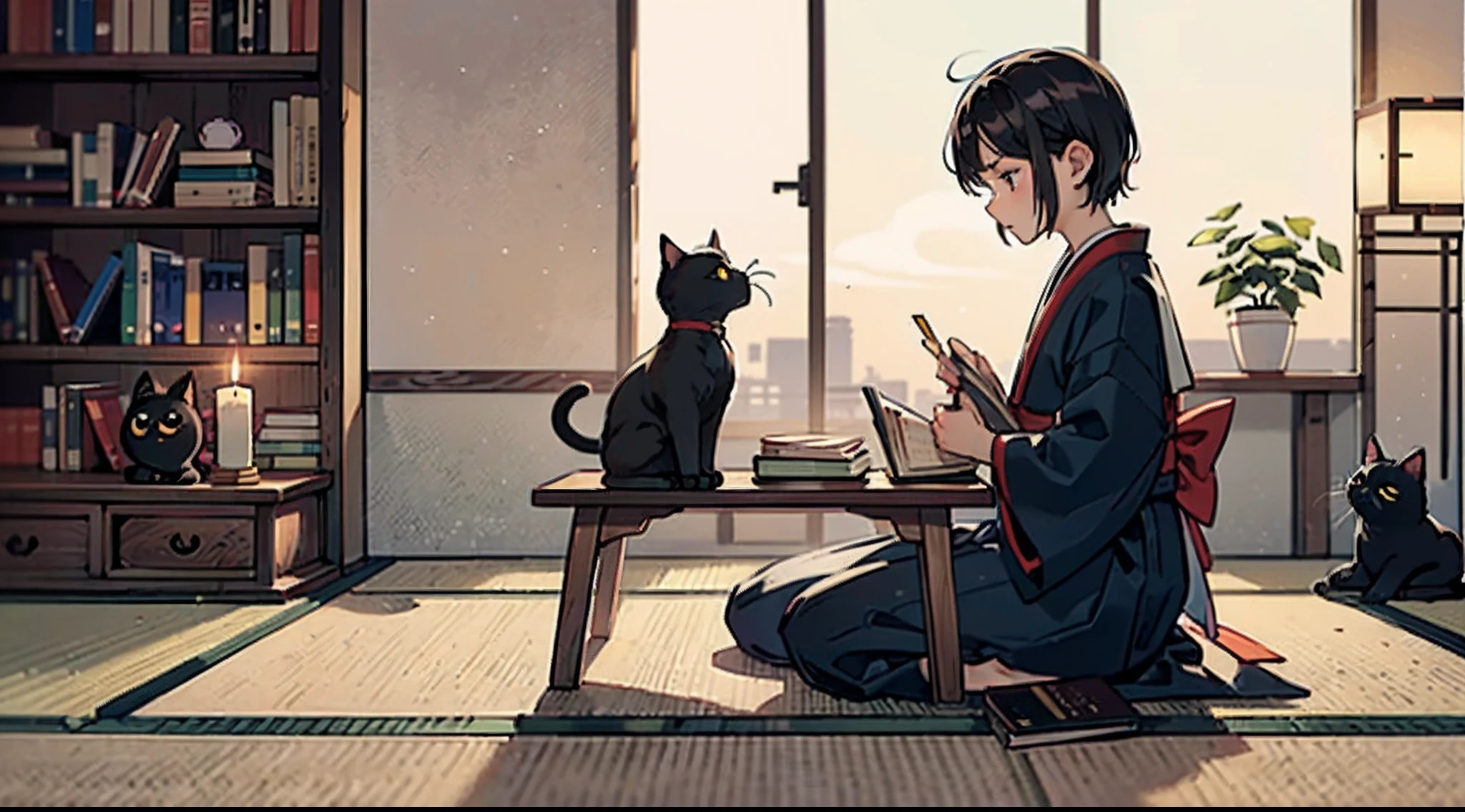 #Quality (intricate-detail、ultra-detailliert:1.2,Masterpiece),
#night sky (darkness of night,no light),
#one writing boy ( male、writer,Honor Students、A dark-haired、short-hair、hakama,sit flat),
#black room at night (no light,black cat,wooden table,one candle,pretty tatami,a lot of books,bookshelf)