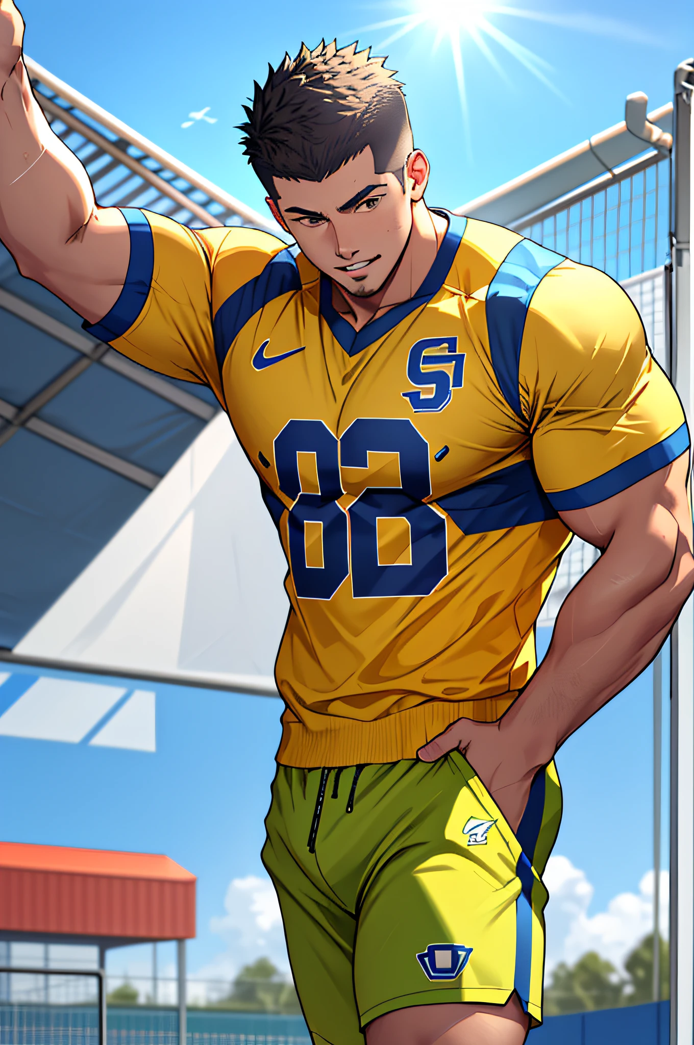 Draw a full-fledged athlete,Stand on the central field of the gym,He wears high-end sportswear,The man looks confident and determined,rays of sunshine,cheerful big breasts,Handsome,Crew cut,full bodyesbian,shooting from below,
