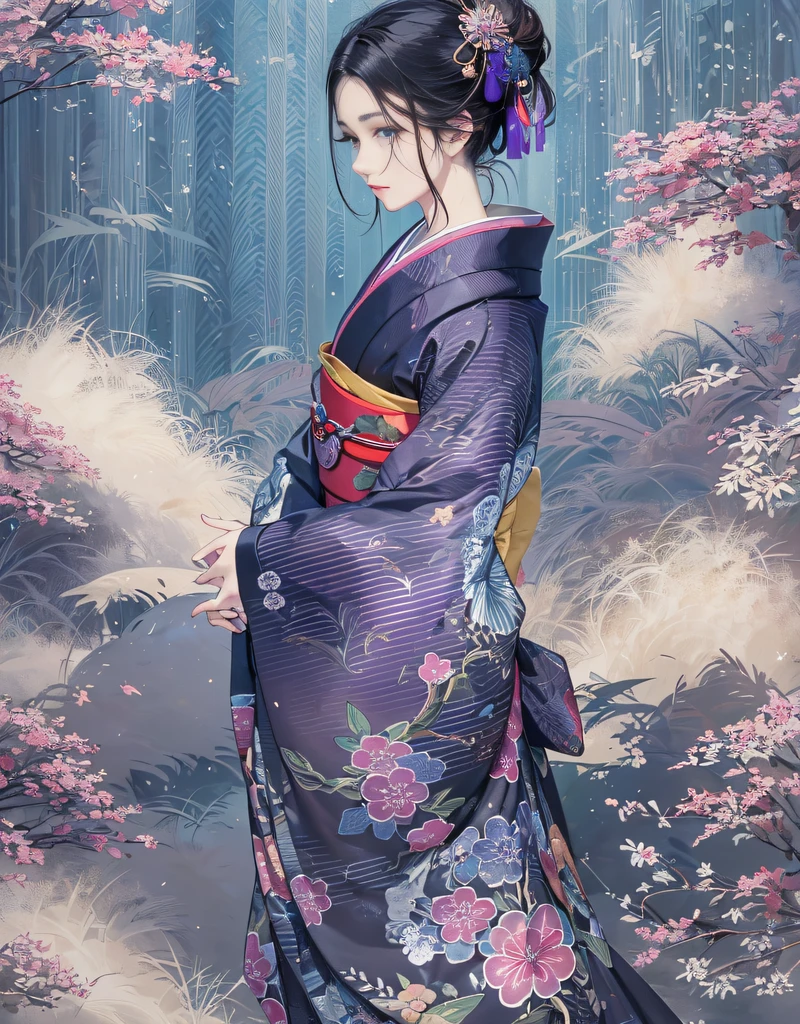 (Beautiful model in Japanese kimono commercial, beautiful straight long black hair), solo, ((face is 80% beauty and elegance, 20% pretty and cute:1.5)), clear eyes, (detailed eyes, light green eyes, bright pupils), Double Eyelids, (sexy lips with a little thickness:1.2), ((super detailed and incredibly high resolution Deep-purple Kimono:1.2)), Highly Detailed Face Texture, striking body shape, curvy and very attractive woman, high-resolution RAW color photo pro photo, BREAK ultra high-resolution textures, High-res body rendering, big eyes, unparalleled masterpiece, incredible high resolution, super detailed, stunning ceramic skin, BREAK ((Facing back to show the pattern of the Kimono:1.5)), ((Wearing a Yohen-Tenmoku kimono that uses a lot of glittering Deep-purple:1.5)), ((The main color is Deep-purple and the Yohen-Tenmoku Kimono has very colorful embroidery:1.2)), (Half-collar and Obi are White) ,(elaborately made classical Japanese Yohen-Tenmoku Kimono), ((The embroidery pattern is a Yohen Tenmoku pattern reminiscent of outer space):1.2), ((elaborately and elegantly decorated Deep-purple Kimono)), (Taken in front of a round fusuma window in a Japanese-style room)) BREAK ((Best Quality, 8k)), Crisp Focus:1.2, (Layer Cut, Big:1.2), (Beautiful Woman with Perfect Figure:1.4), (Beautiful and elegant rear view:1.3), Slender waist, (Correct hand shape:1.5), (Full body shot | cowboy shot)