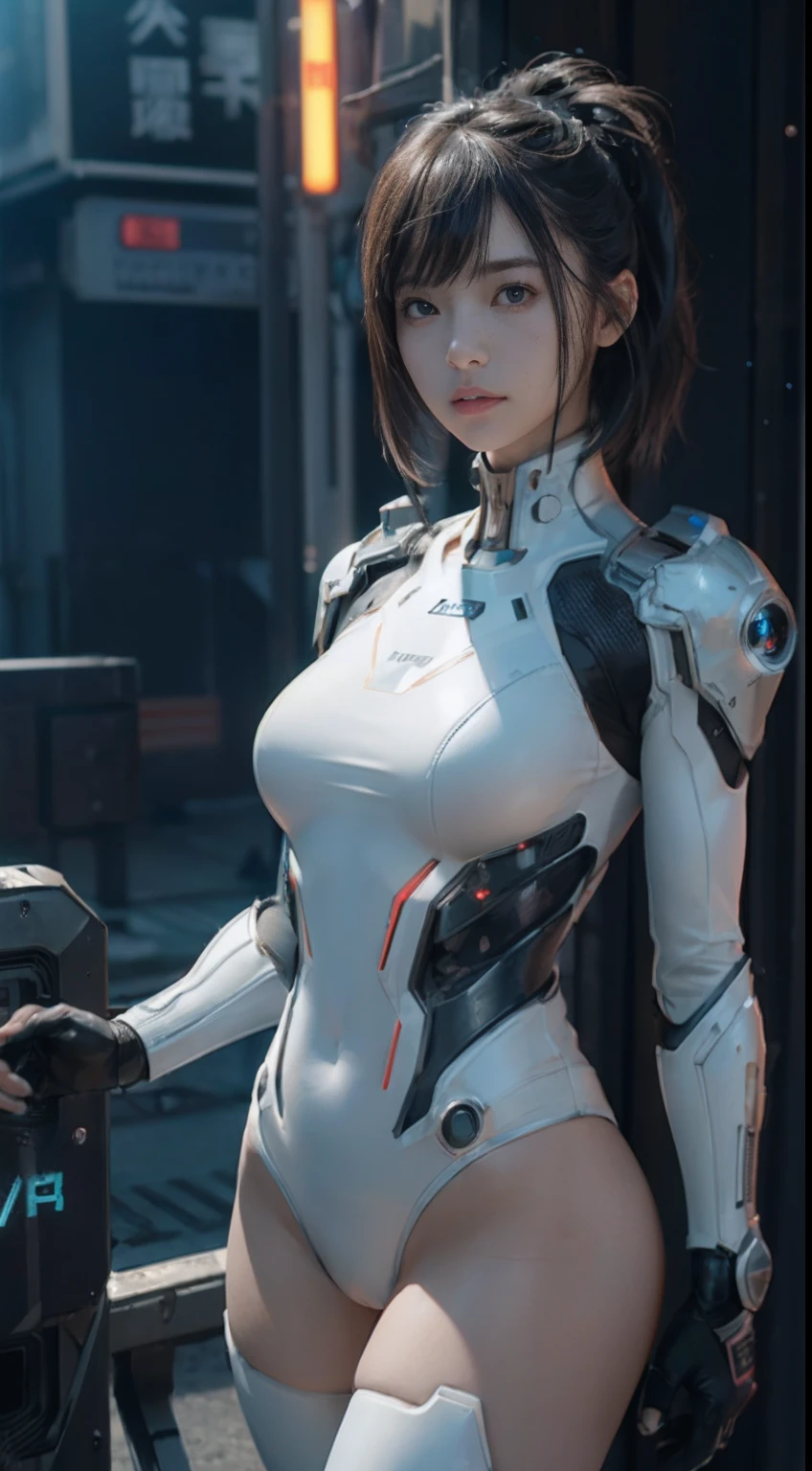 ((top-quality)), ((​masterpiece)), ((realisitic)), (detaileds), (Photorealsitic:1.5), Futuristic girl, japanes,(thick body), (white bodysuit), 23years old,lights on armor, Cybernetic Headwear, Exposure of the abdomen,Looking at the camera, dynamicposes, scientific fiction, HDR, Ray traching, NVIDIA RTX, Hyper-Resolution, Unreal 5, sub-surface Scattering, PBR Texturing, post processed, Anisotropy Filtering, depth of fields, Maximum clarity and sharpness, thirds rule、8K RAW、(Luminescent particles:1.4)、(extremely details CG、Unity 8k Wallpapers、3D、lighting like a movie、lensflare)、Reflectors、foco nítido、Cyberpunk Art、Cyberpunk architecture、