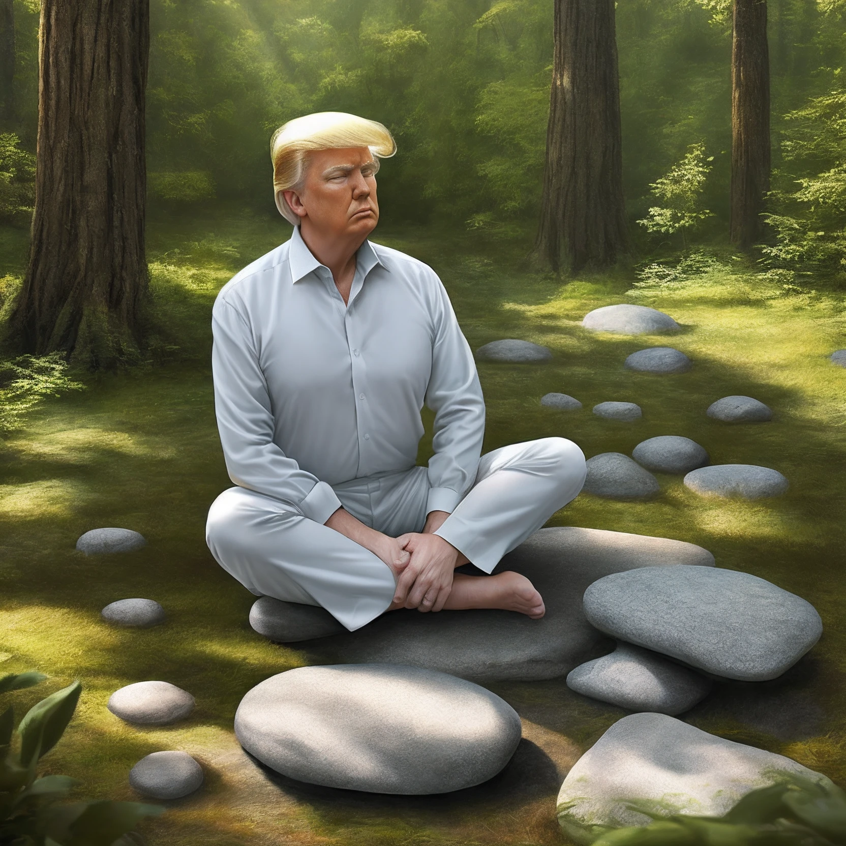 Portrait Realistic Donald Trump doing meditation in forest on a flat stone.