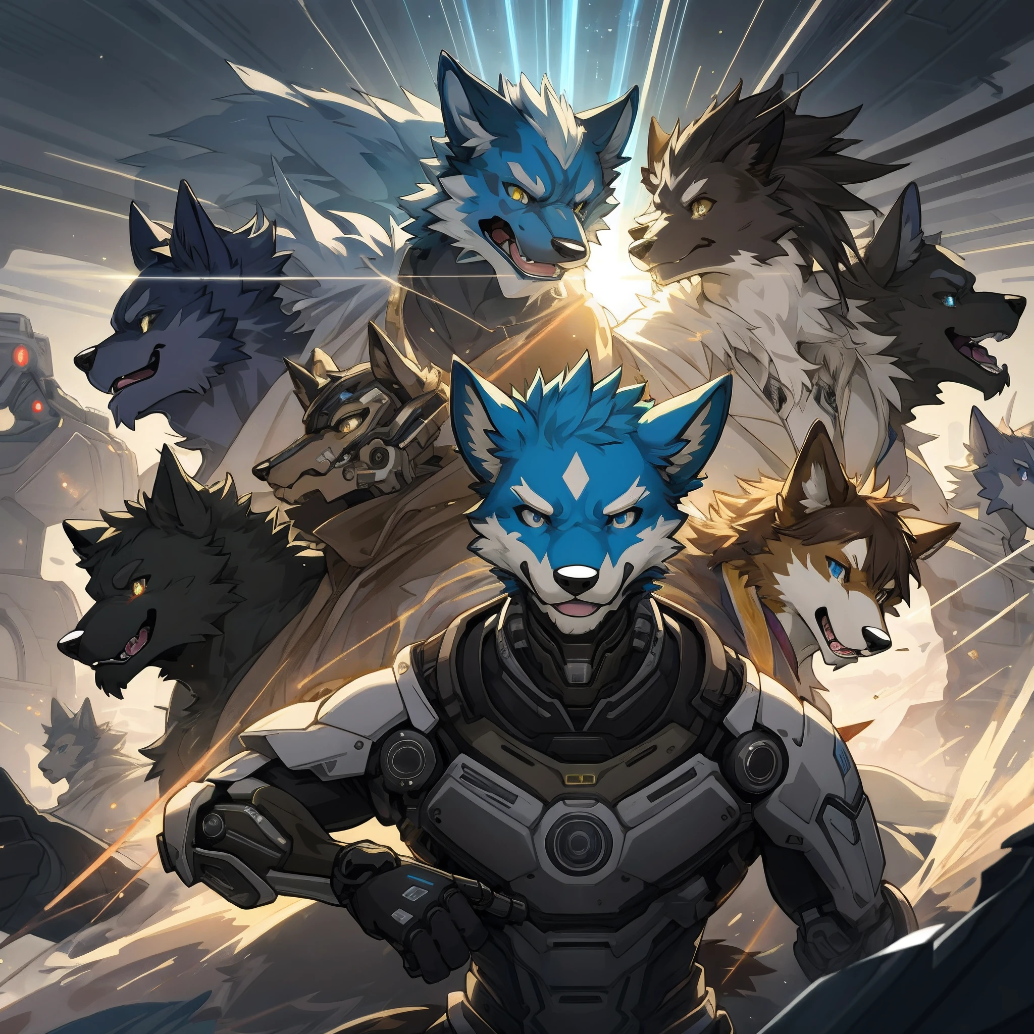 highres, top quality, best quality, paid reward available, High-quality illustrations, unparalleled masterpiece(battle movie of machine)Cyberpunk, steam punk, Mechanical marvel, Robotic presence, Cybernetic guardian, 6+boys, 6+girls(furry anthro:1.7)(Furry body, dog facial features, dog body features)elegant, clear focus, absurdres(highly detailed beautiful face and eyes)perfect anatomy, expression, caustics, dynamic lighting, light rays, light particles, lens flare, deep shadow, assorted poses, dynamic angle,