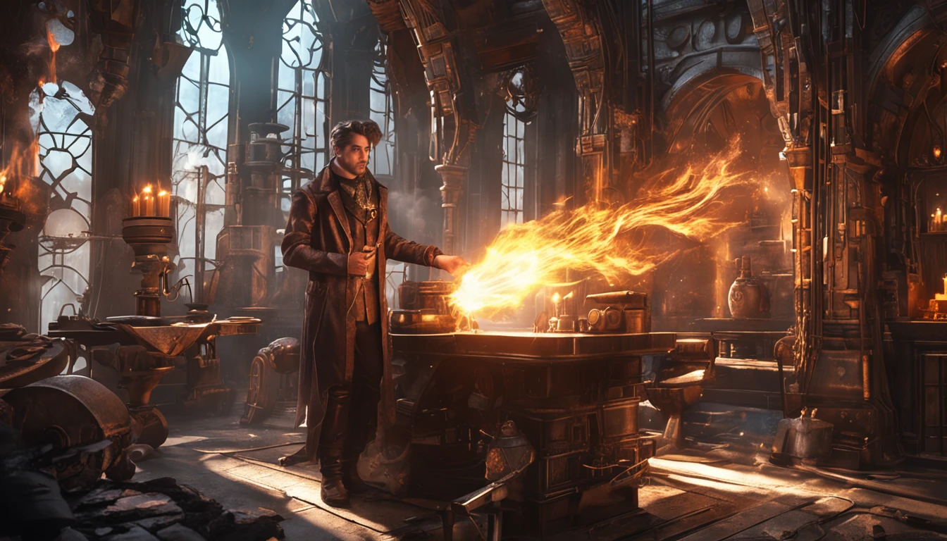 In steampunk style,Cybertron Art。In the ancient palace，Alchemists practice mystical arts，Beside him was a young man with long scruffy hair，His deep eyes shone like a river of stars。On the wall hangs an enchanting painting，Depicts a mysterious flame burning in a furnace，Hold the furnace with both hands。In steampunk style,Cybertron Art。