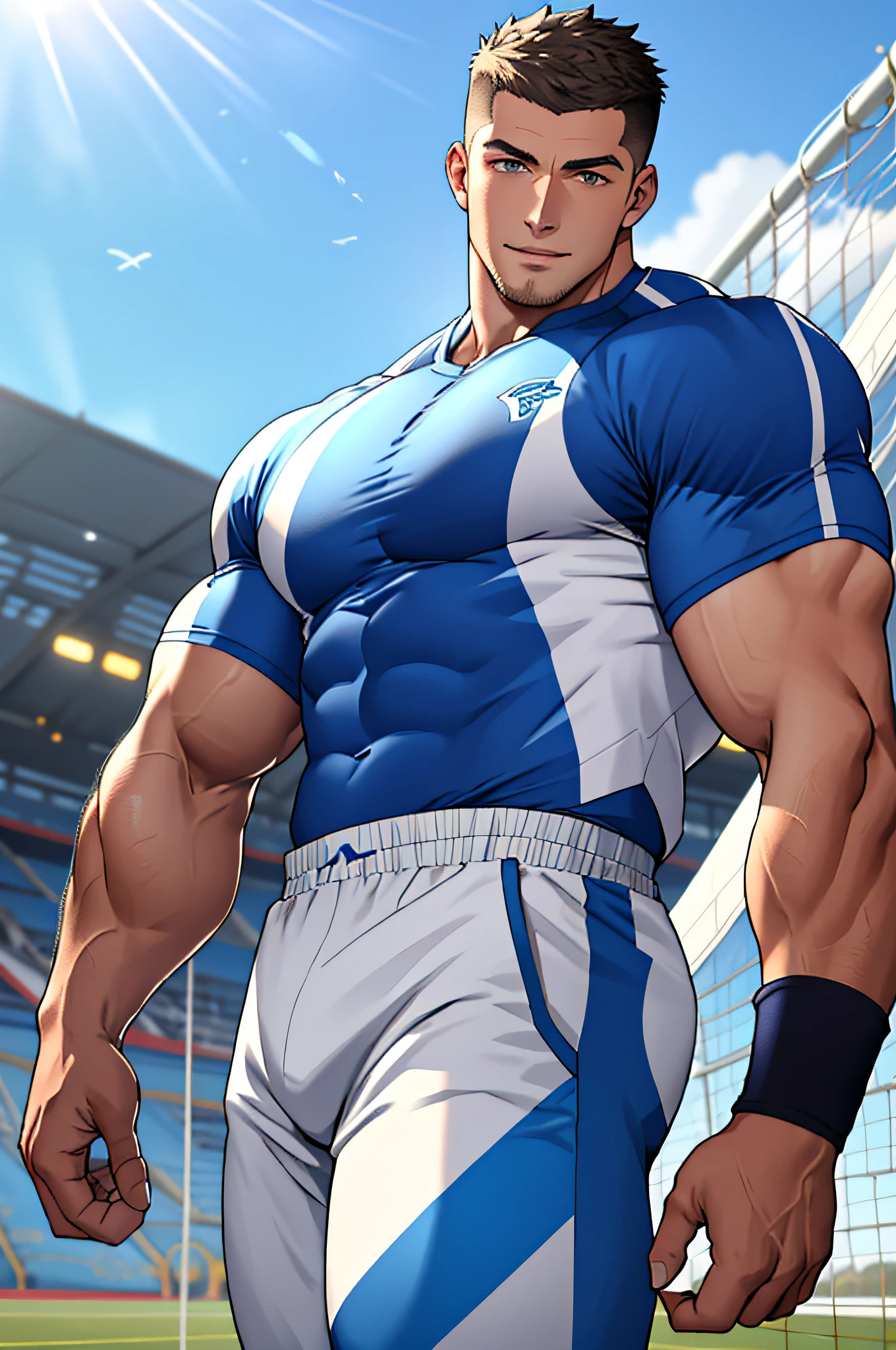 Draw a full-fledged athlete,Stand on the central field of the gym,He wears high-end sportswear,The man looks confident and determined,rays of sunshine,cheerful big breasts,Handsome,Crew cut,full bodyesbian,shooting from below,