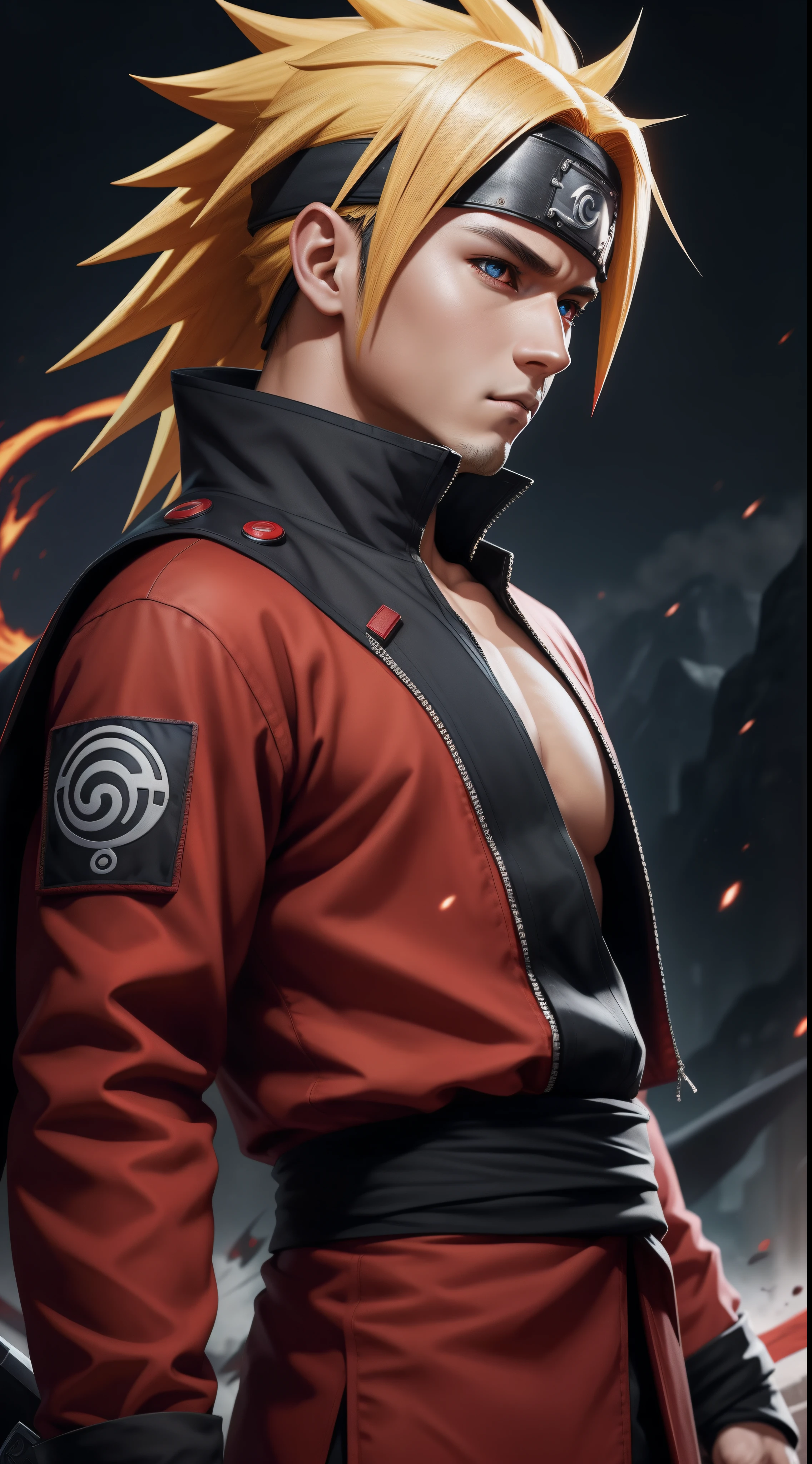 Hot profile picture, masterpiece, extremely accurate rendering, cool beautiful Naruto, solo, believable, savior of the world, simple design, best visuals, 8K, light red eyes , the clothes color is the same as the original ninja.
