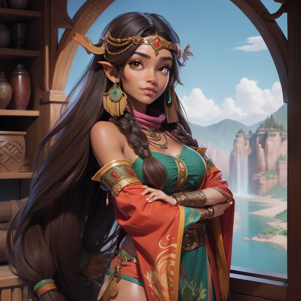 A beautiful brown skin girl with long hairin the dragon tower, hippie clothes