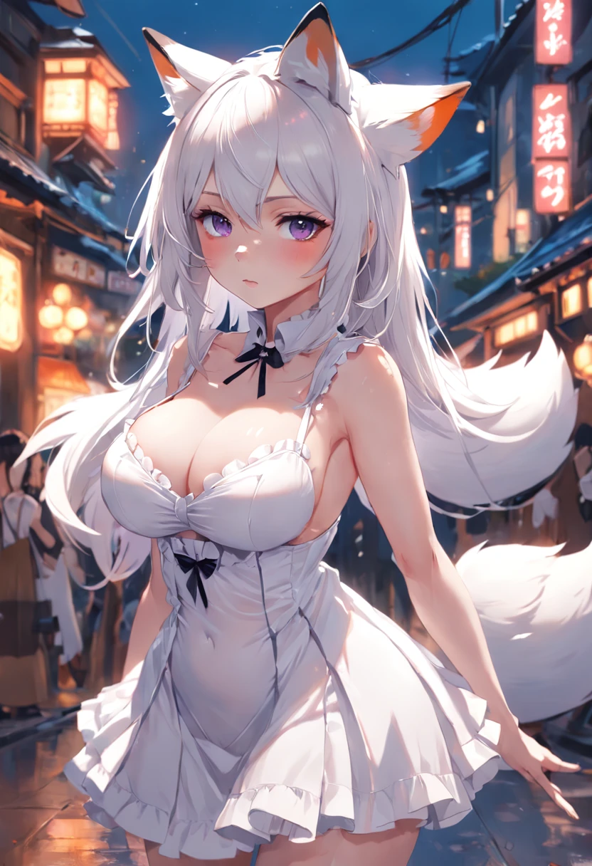 Anime fox girl,white dresses,Lori huge breasts cleavage,Sleeveless little curved Lolita, Guviz-style artwork, Guweiz in Pixiv ArtStation, Guweiz on ArtStation Pixiv, Guviz, small loli girl, Soft anime illustration, Anime visuals of cute girls, Detailed digital anime art