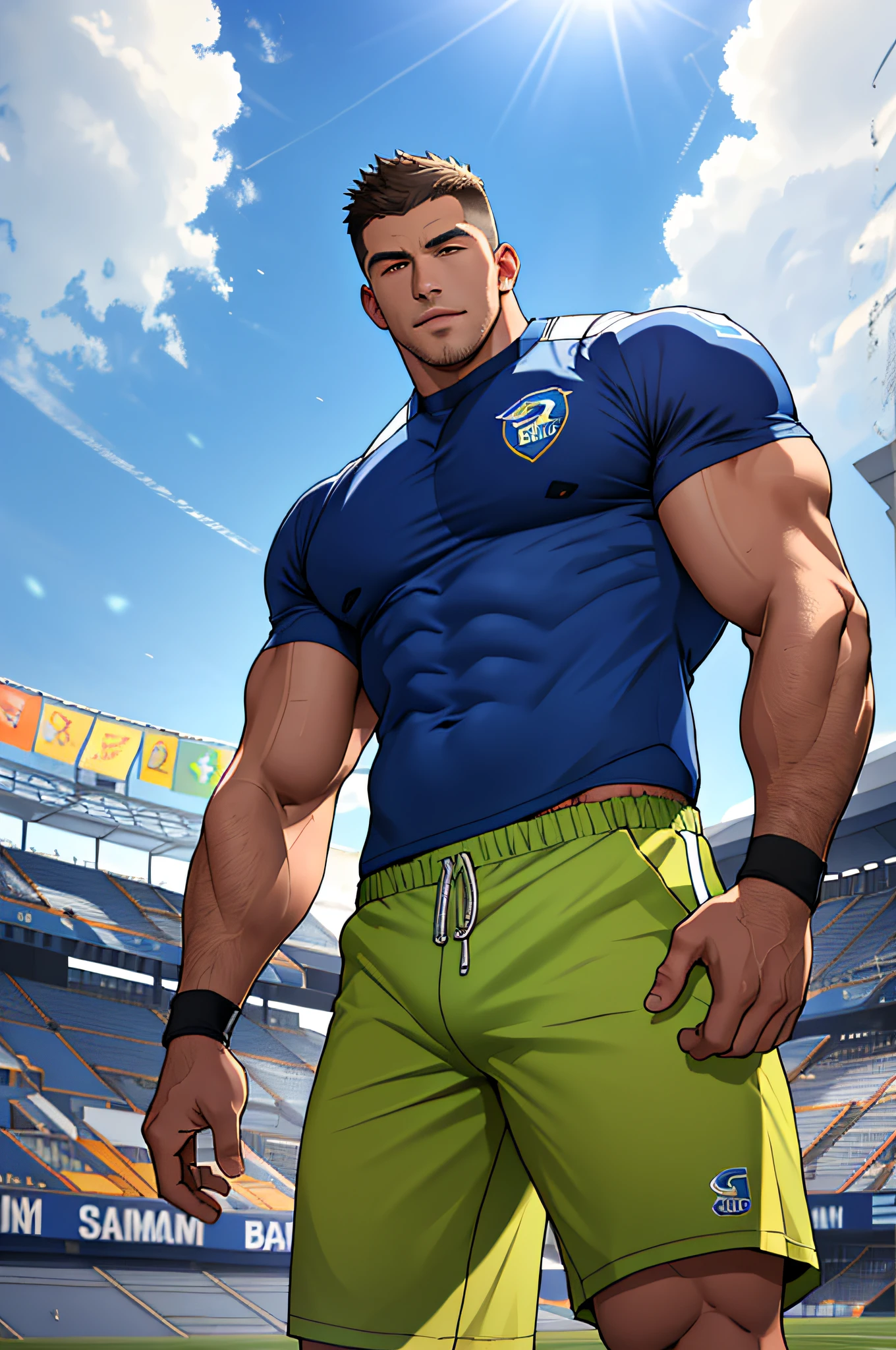 Draw a full-fledged athlete,Stand on the central field of the gym,He wears high-end sportswear,The man looks confident and determined,rays of sunshine,cheerful big breasts,Handsome,Crew cut,full bodyesbian,shooting from below,