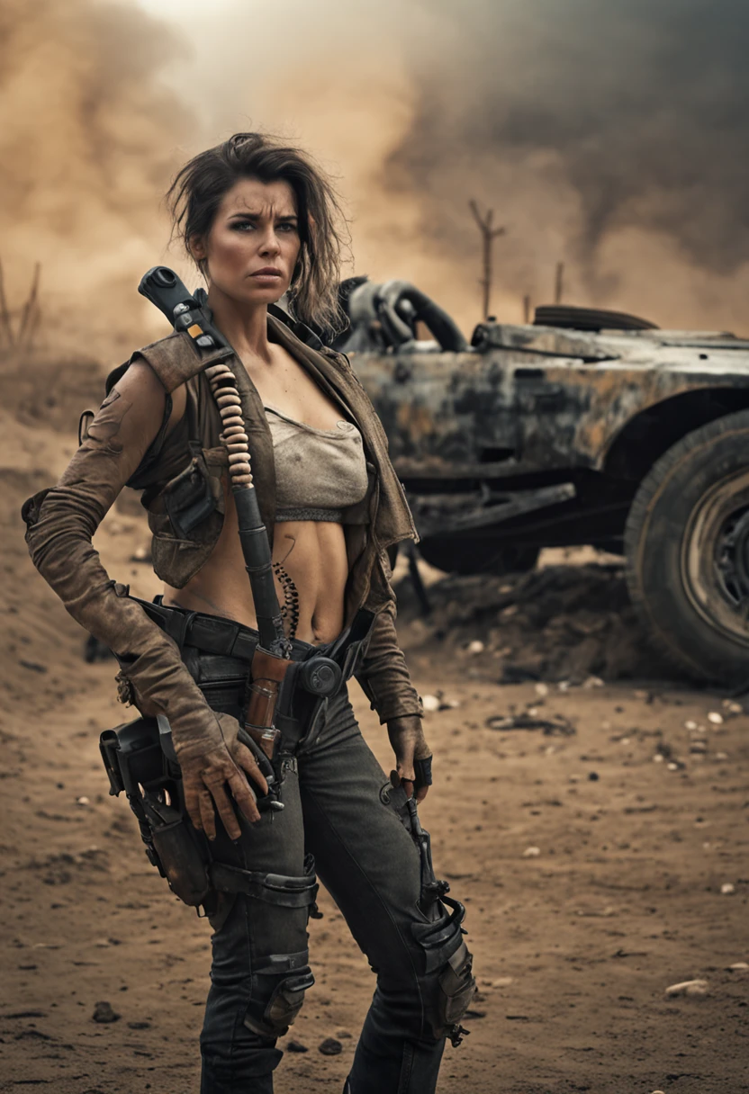 Mad Max Woman, photographrealistic, Postapocalypse、rifle、(((naked))), huge tit、Young woman、Lots of skin、