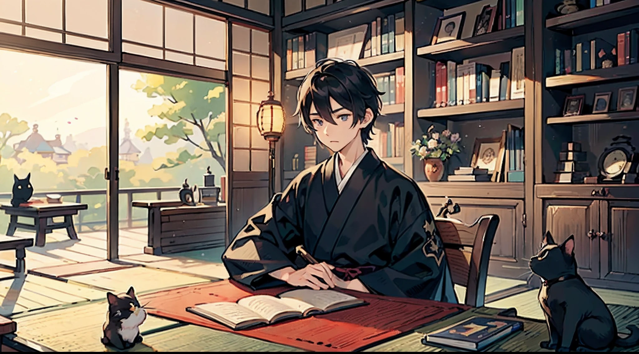 #Quality (intricate-detail、ultra-detailliert:1.2,Masterpiece),
#night sky (darkness of night,no light),
#one writing boy ( male、writer,Honor Students、A dark-haired、short-hair、hakama,sit flat),
#black room at night (no light,black cat,books on wooden table,one candle,pretty tatami,a lot of books,bookshelf)