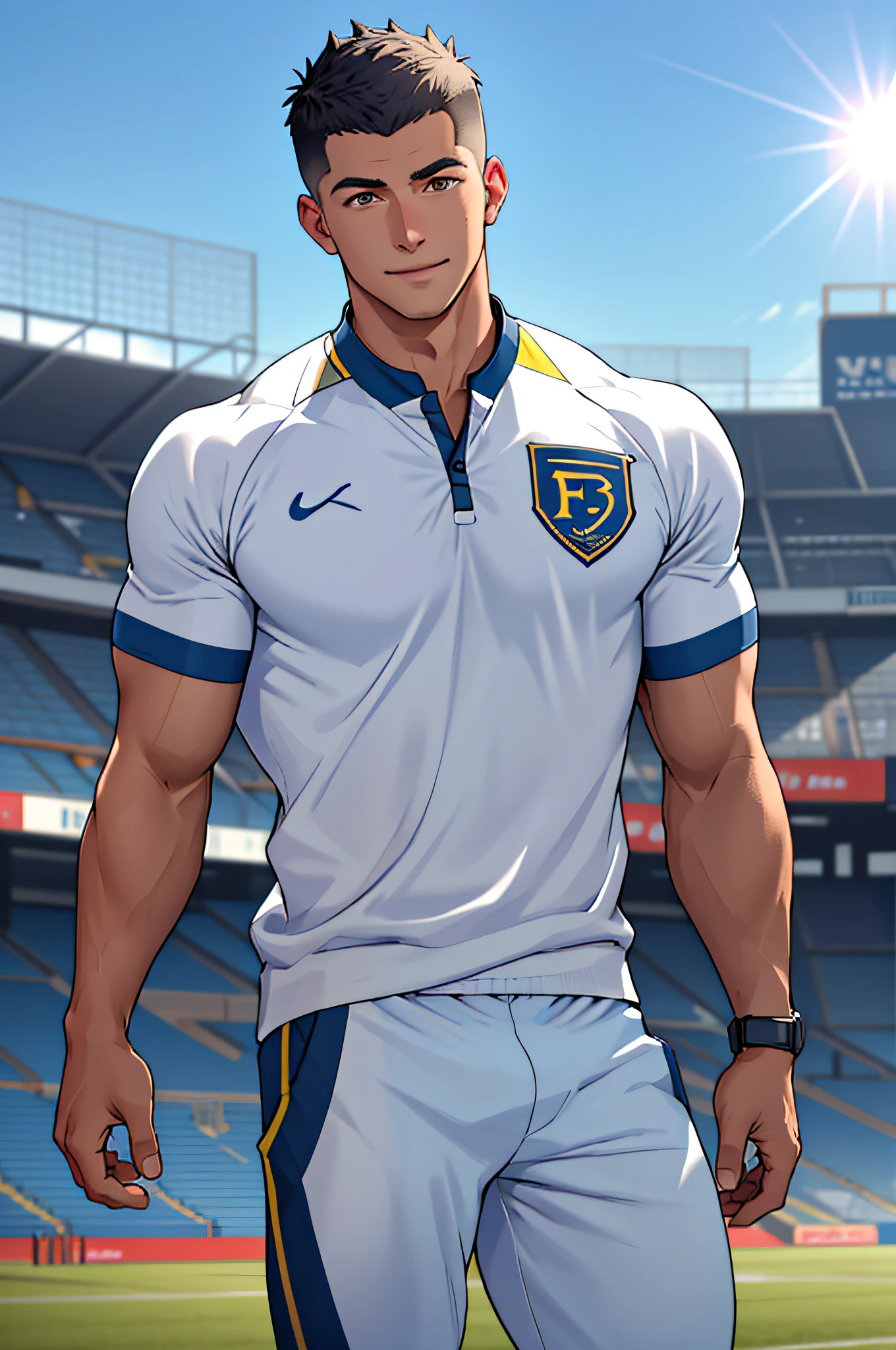 Draw a full-fledged athlete,Stand on the central field of the gym,He wears high-end sportswear,The man looks confident and determined,rays of sunshine,cheerful big breasts,Handsome,Crew cut,full bodyesbian,shooting from below,