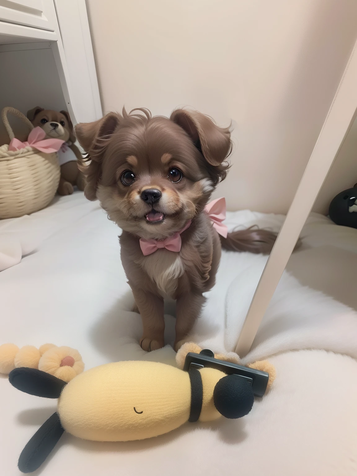 Teddy dog,Cute cartoon style,Soft lighting,Pink tones,Soft hair,largeeyes,Humble and cute,orange bow,Cheerful scene,flower ring,Toy balls,Bright smile。
