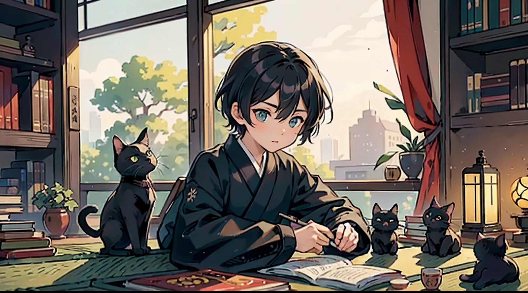 #Quality (intricate-detail、ultra-detailliert:1.2,Masterpiece),
#night sky (darkness of night,no light),
#one writing boy (16 male、writer,Honor Students、A dark-haired、short-hair、hakama,sit flat),
#black room at night (no light,black cat,books on wooden table,one candle,pretty tatami,a lot of books,bookshelf)