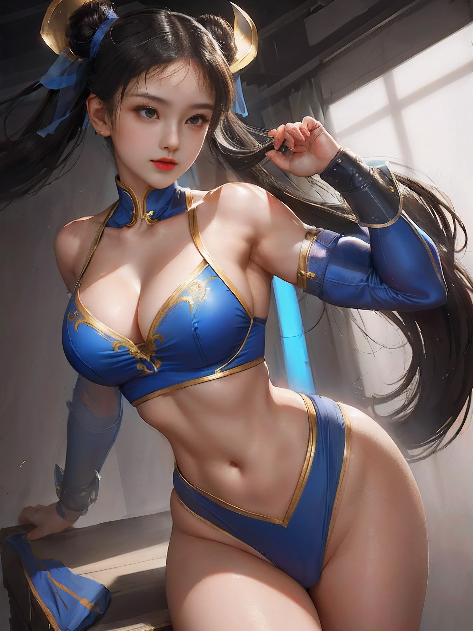 Mulher com roupa azul e branca posa para foto, Retrato de Chun - Li, Retrato de Chun Li, Chun Li, Chun-Li, Chun - Li, Artgerm extremamente detalhado, chun li at the gym, Por Ruan Jia e Stanley Artgerm, Artgerm Plano, WLOP | Artgerm