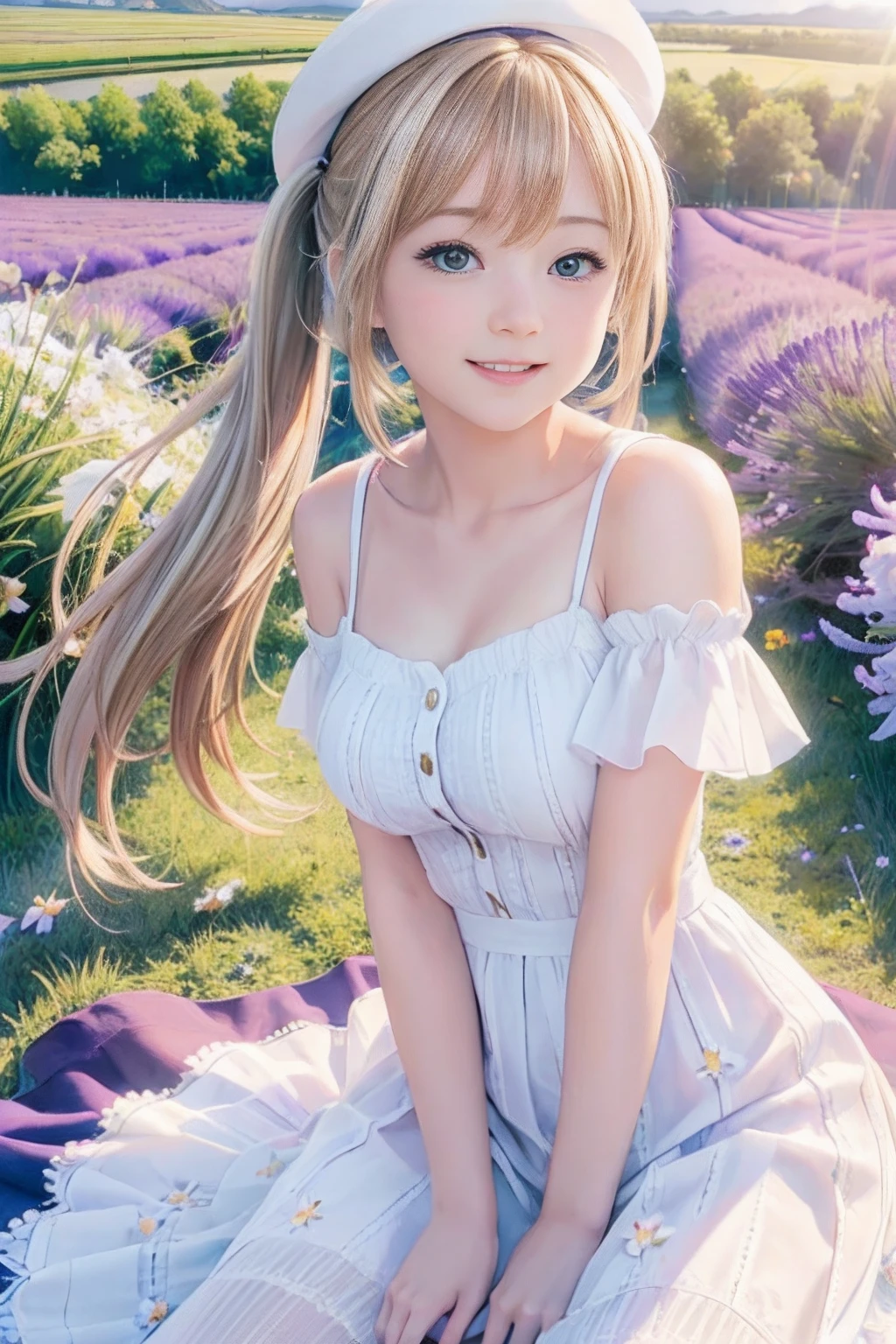 (8k, RAW photo, realistic, photo-realistic:1.5), masterpiece, best quality, high resolution, extremely detailed, detailed background, cinematic lighting, dynamic angle, lens flare, dramatic, 1girl, cute girl, solo, wind, pale-blonde hair, blue eyes, very long twintails, white hat, blue sky, laugh, flying petal, flowery field, sky, lavender, sun, field, fractal art,naked