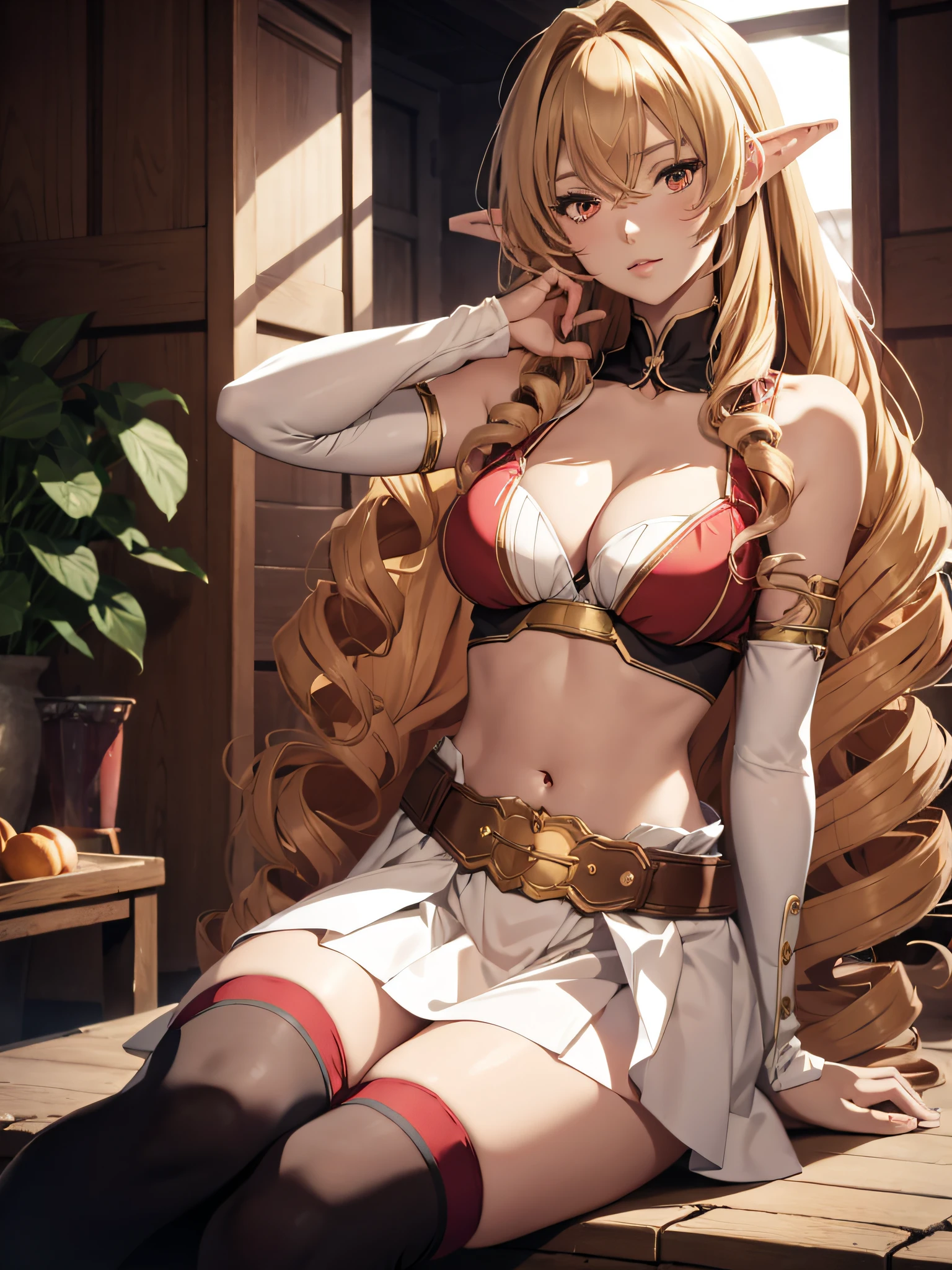 anime style beautiful women, solo woman, Elinalise, 1girl, solo, long_hair, navel, wariza, cleavage, sitting, midriff, medium_breasts, collarbone, very_long_hair, white_skirt, brown_belt, red_legwear