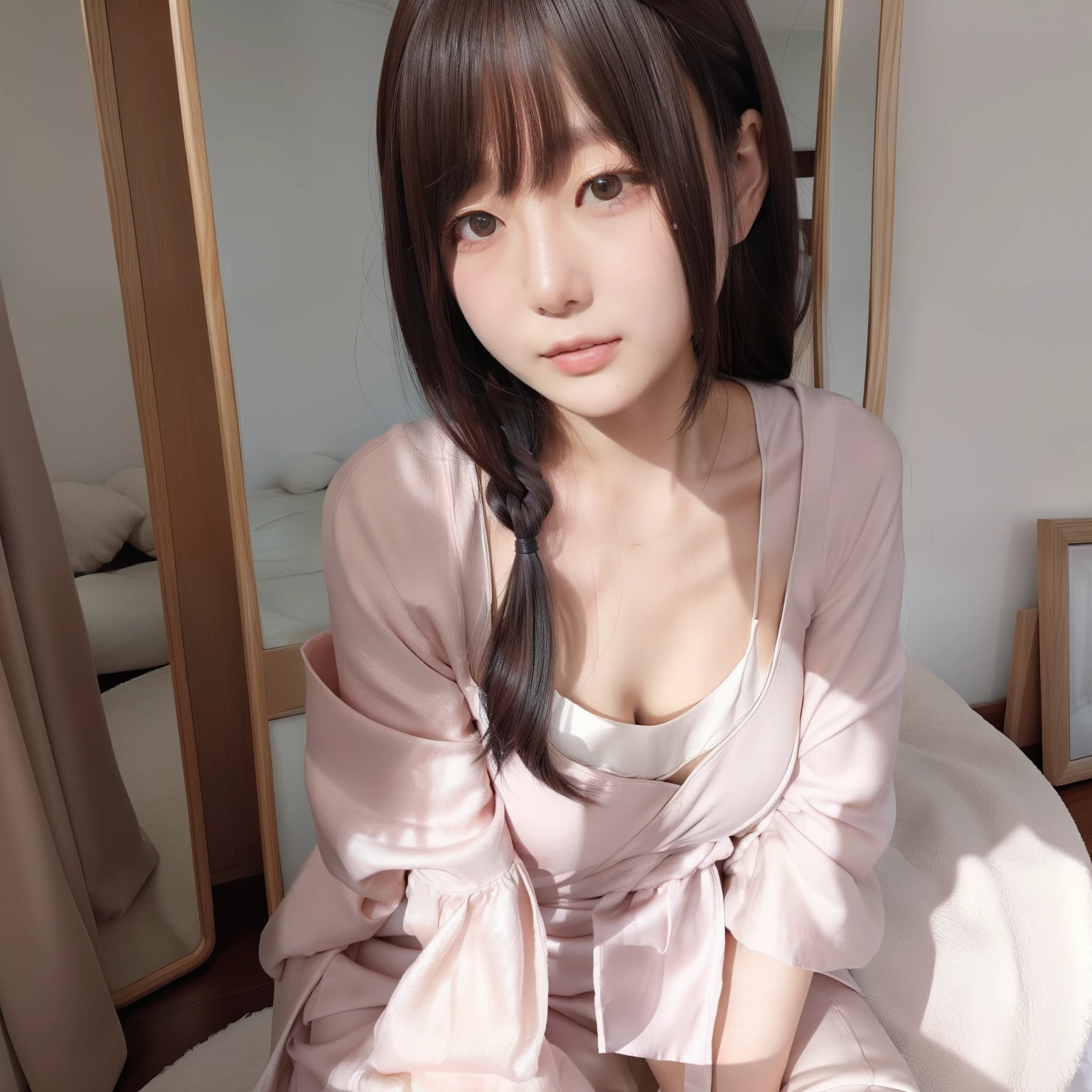 8K, RAW Photos, Fujifilm, Beautiful 20 year old woman style photo, (((Gray Hair:1.3,美しいGray Hairのストレートヘアー、シルキーなGray Hair)))、((( Wearing a white off-the-shoulder dress:1.5,))) Gold earrings, (Highly detailed skin: 1.2), Light medium brown hair, Film Grain, 35mm, Cute Style、On the bed、(((全Nude 1.5)))(((Nude 1.5)))Full nudity、、Open your mouth、Love Hotel、clothes scattered、(White underwear)、